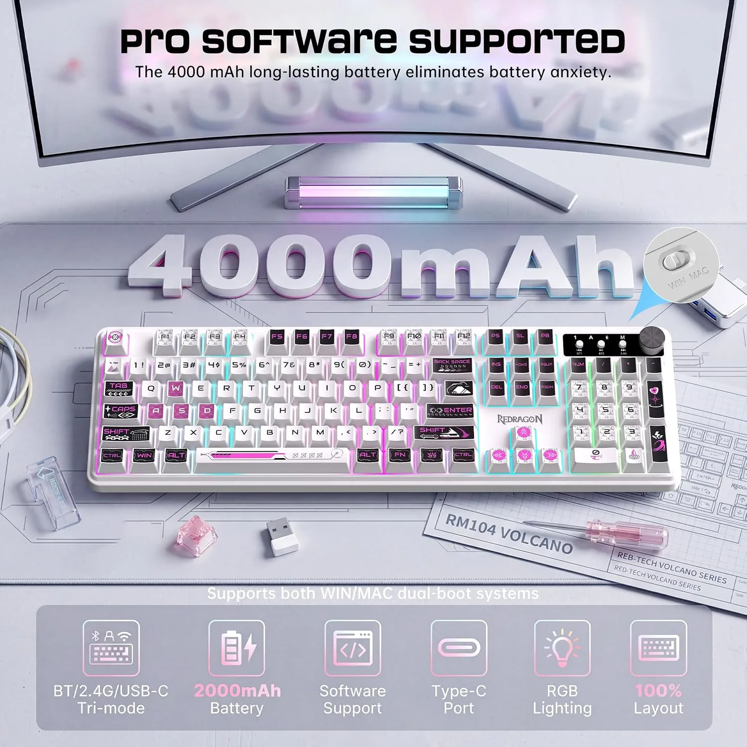 Redragon RM104 Wireless Gaming Keyboard with Knob, Tri-Mode BT/2.4G/USB-C RGB Computer Keyboards, 4000mAh Battery, Programmable Software Support, Anti-Ghosting, Compatible with PC Mac - Pink & White