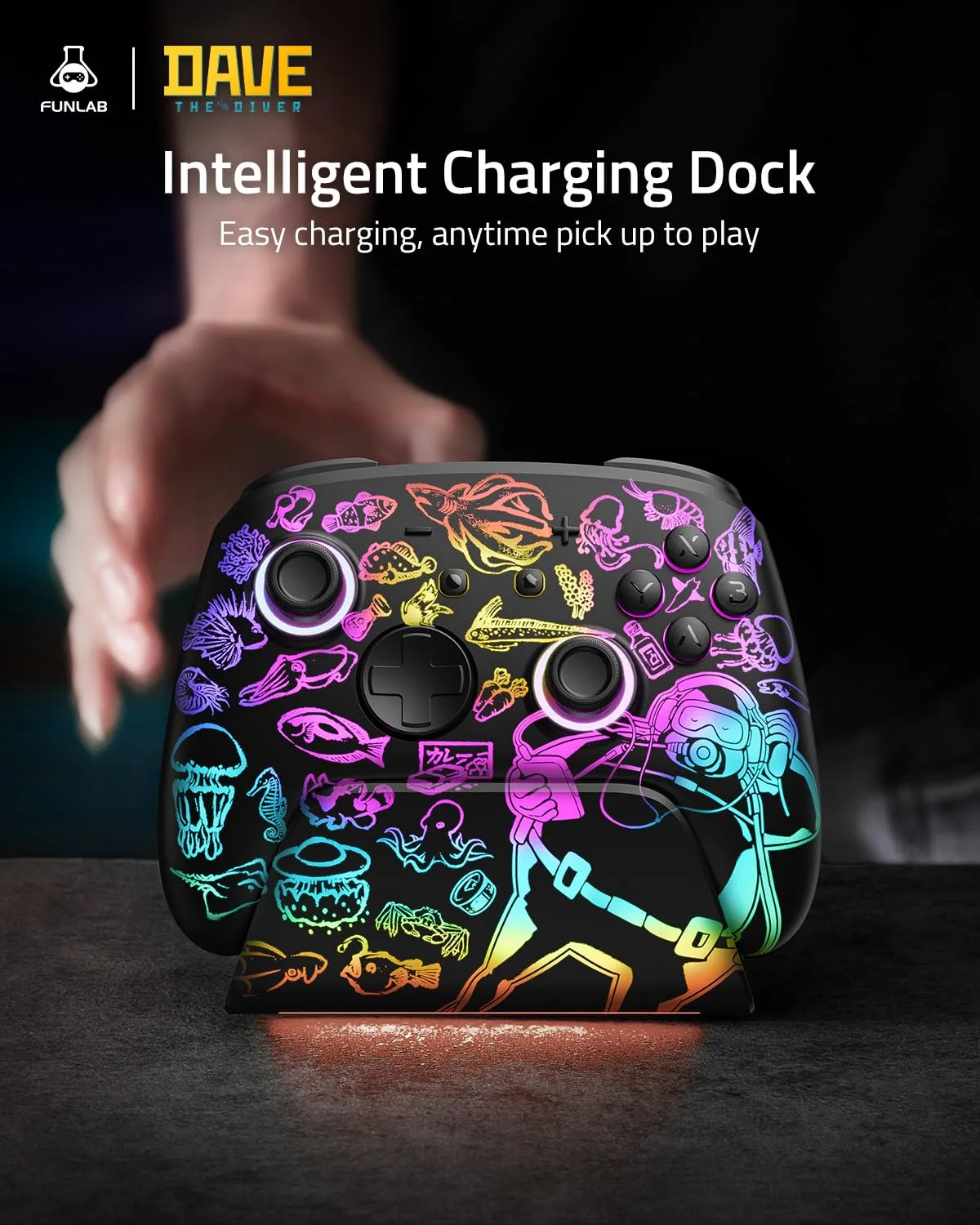 Switch 2 Pro Controller with Charging Dock FUNLAB x Dave the Diver Official Licensed - Hall Effect Sticks, Hidden-Light RGB, One-Click Wake-Up, Turbo, 2 Back Paddles, for Switch 2/OLED/PC, Collector Edition with Ocean Card