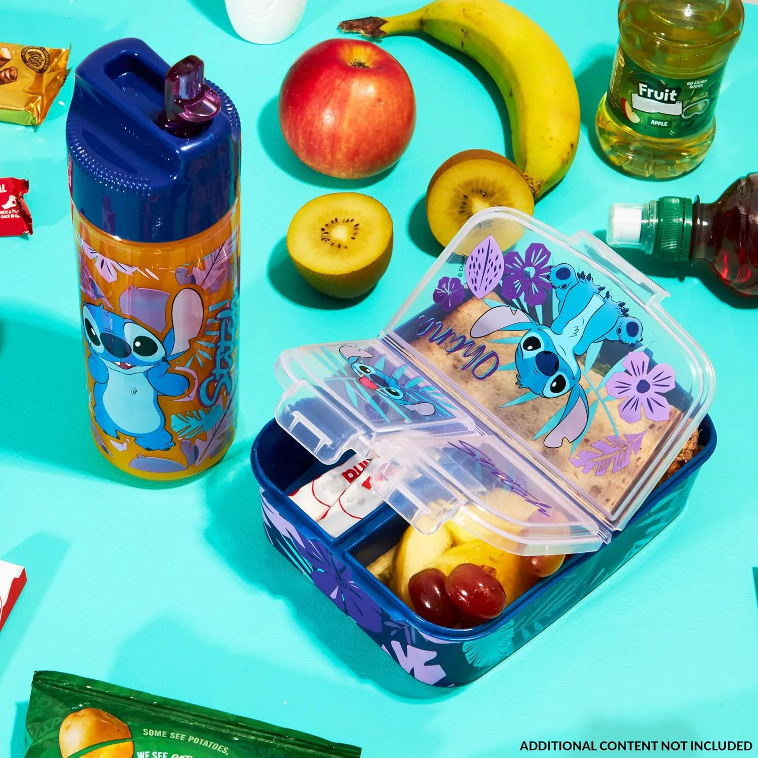 Disney Stitch Kids Lunch Box with Compartments and Water Bottle for School (Blue/Purple)