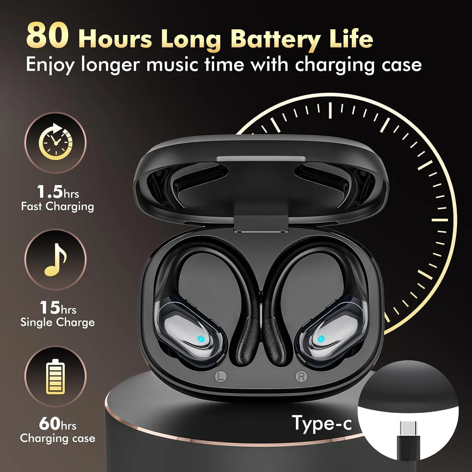 HAOYUYAN Wireless Earbuds, Sports Bluetooth Headphones, 80Hrs Playtime Ear Buds with LED Power Display, Noise Canceling Headset, IPX7 Waterproof Earphones for Workout/Running（Black）