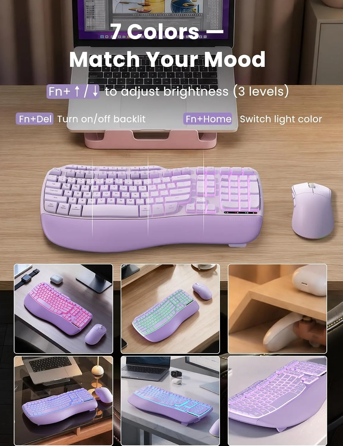 Purple Ergonomic Wireless Keyboard and Mouse Combo, Rechargeable 4000mAh Backlit Keyboard with Soft Faux Lambskin Palm Rest, Wave Keys for Natural Typing, Compatible with Windows/Mac/Chrome OS