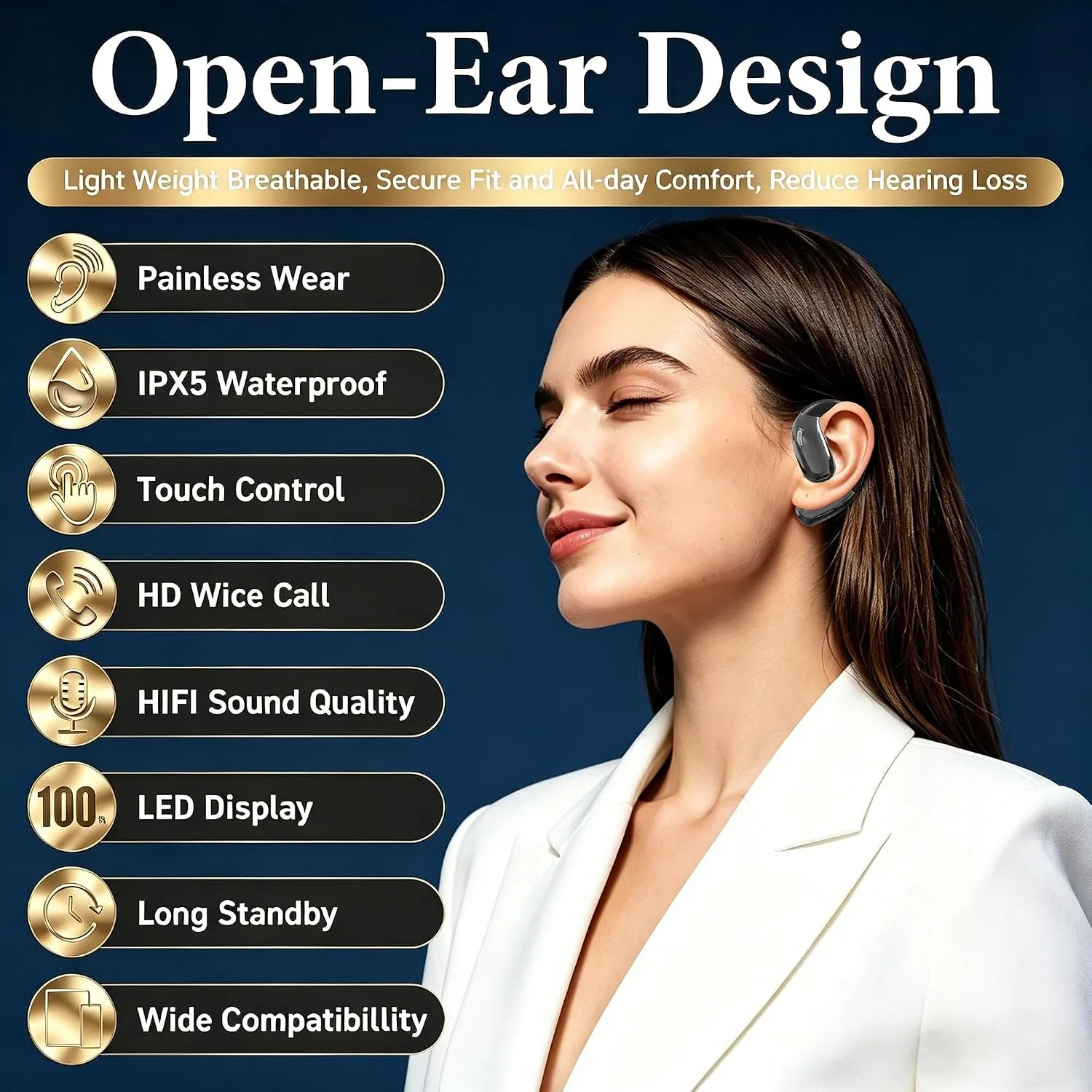 Open Ear Headphones, Wireless Headphones with Smart Digital Display & Mic