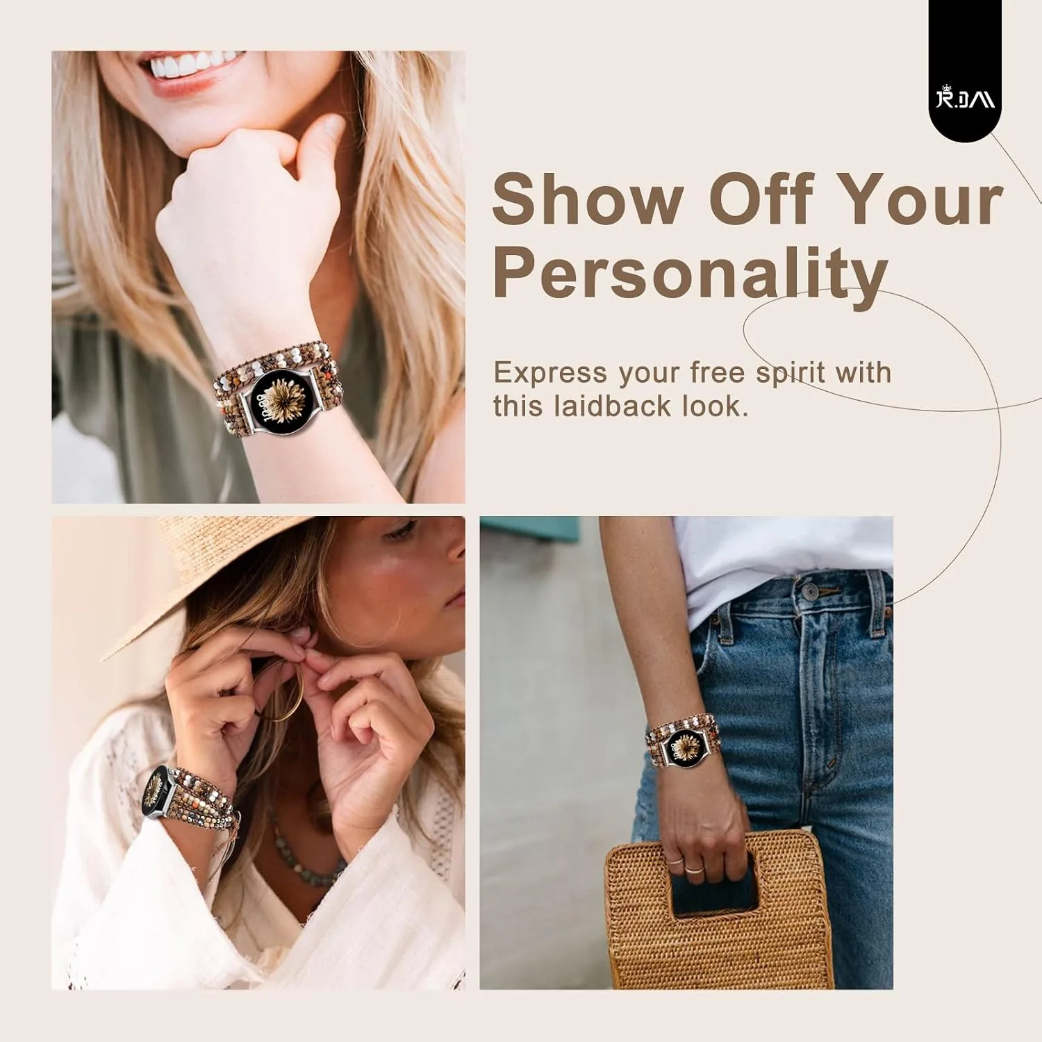 JR.DM Boho Beaded Handmade Braided Bracelet Band Women 20mm Compatible with Samsung Galaxy Watch 7/6/5/4/Active 2/4 Classic/6 Classic/5 Pro/FE 40mm 42mm 43mm 44mm 45mm 46mm 47mm
