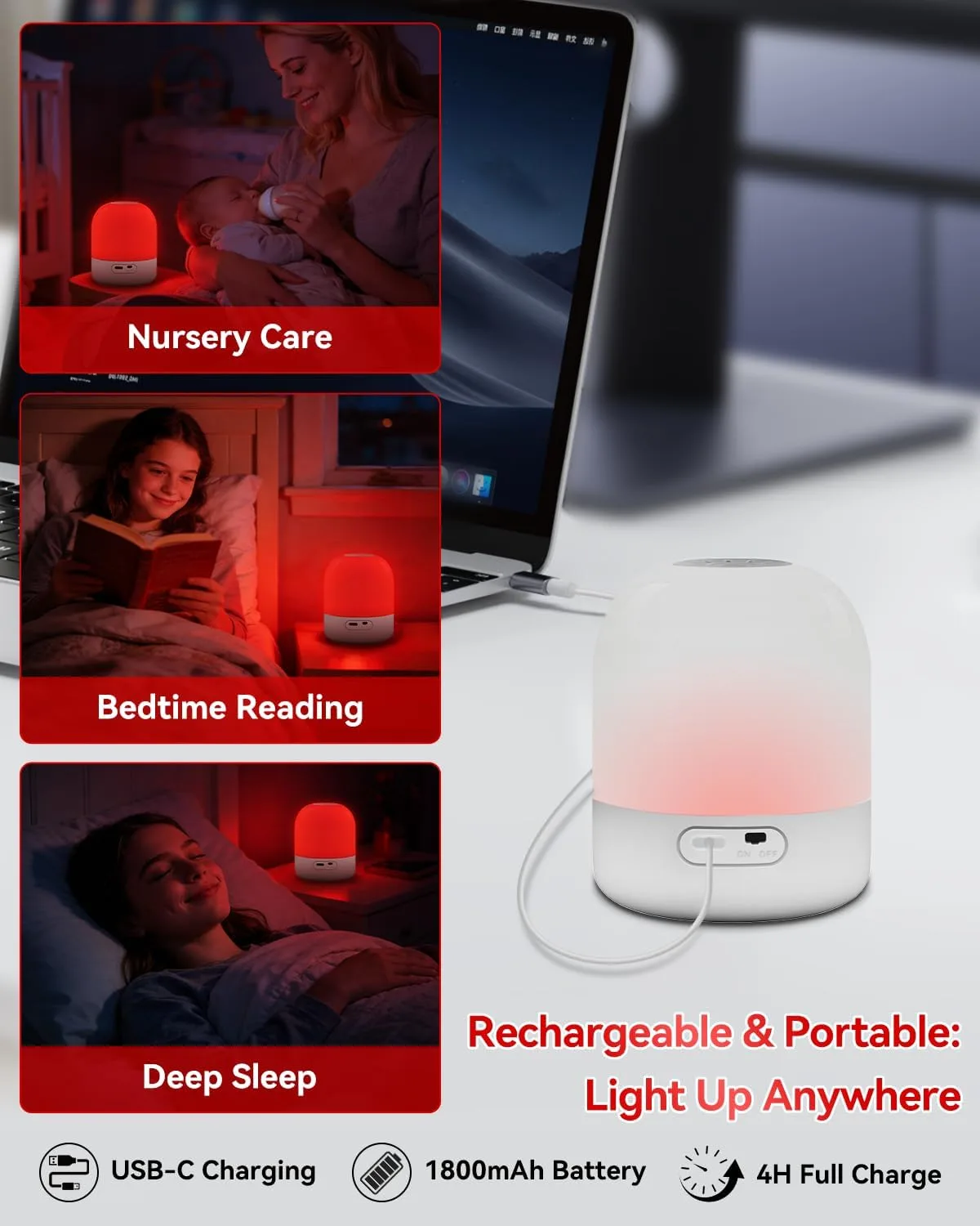 670nm Red Light for Sleep, 100% Blue Light Blocking, 360° Red Night Light Lamp with Remote & Touch Control, Dimmable, 4 Timers, Melatonin Promoting Natural Sleep Aid for Bedside Bedroom, Baby Nursery