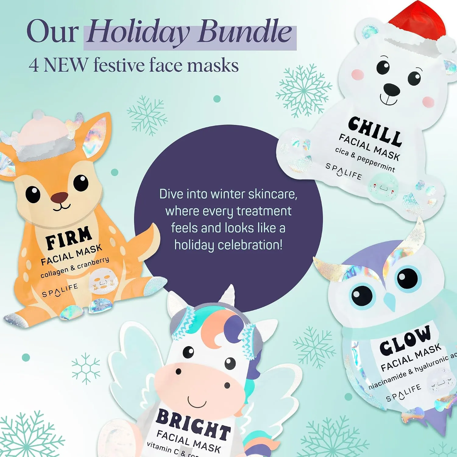 SpaLife Beauty Winter Wonder Animals Christmas Face Mask Bundle | Korean Facial Masks | Hydrating, Firming and Glowing Sheet Mask Set | Christmas Ideas for Women | 12 Pack
