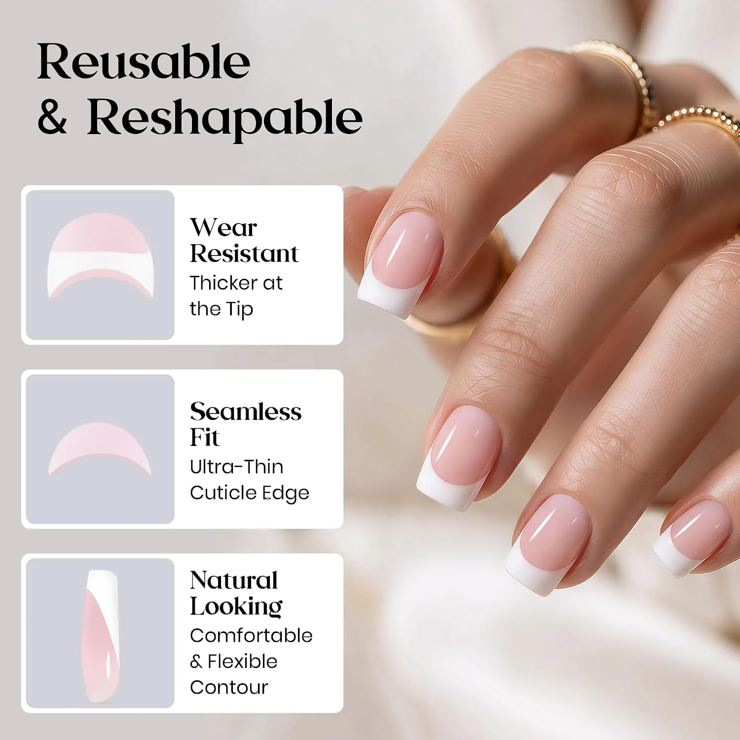 Beetles Pink French Tip Press on Nails - Short Square, 64 PCS 16 Sizes