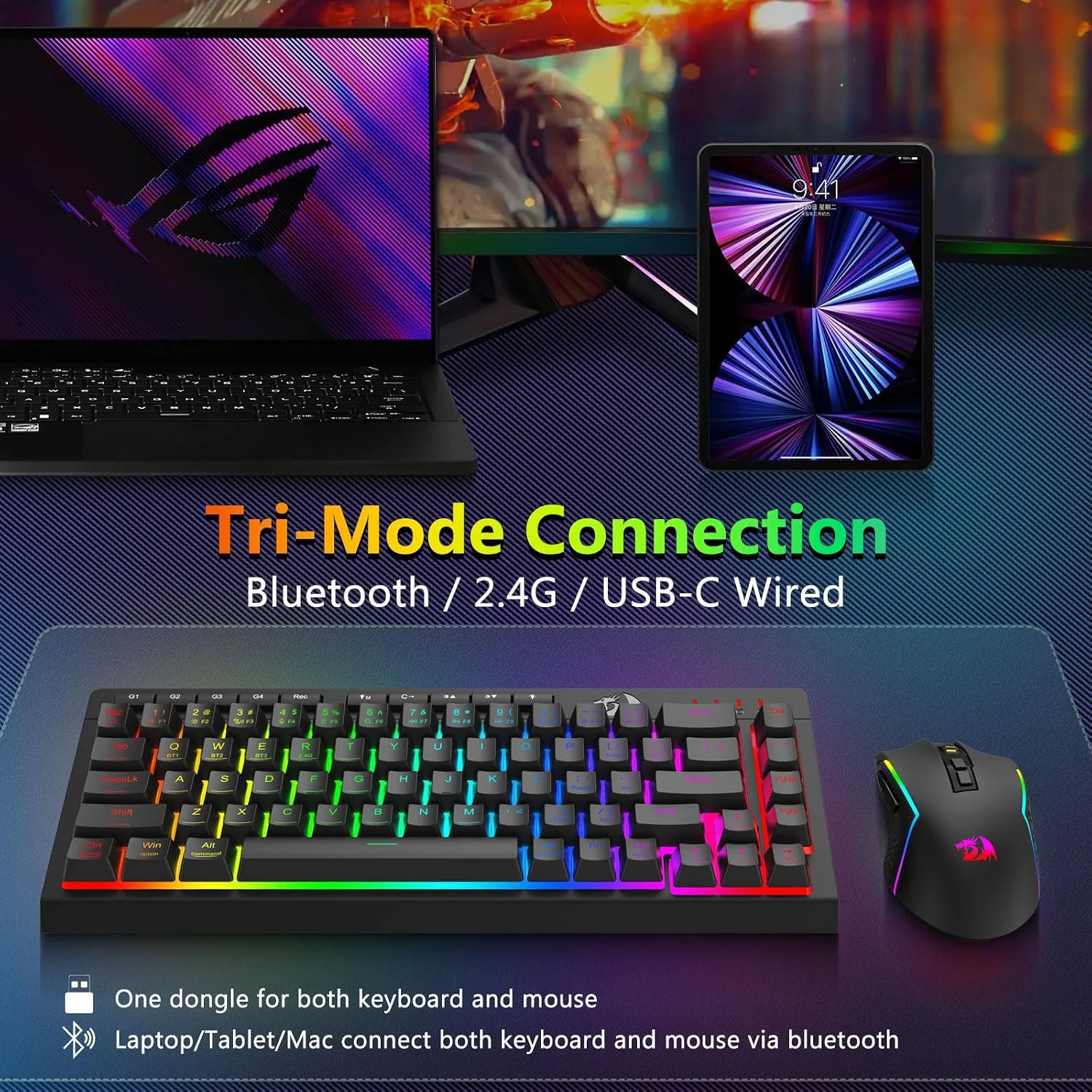 Redragon Wireless Gaming Keyboard and Mouse Combo, 60% Portable, Black