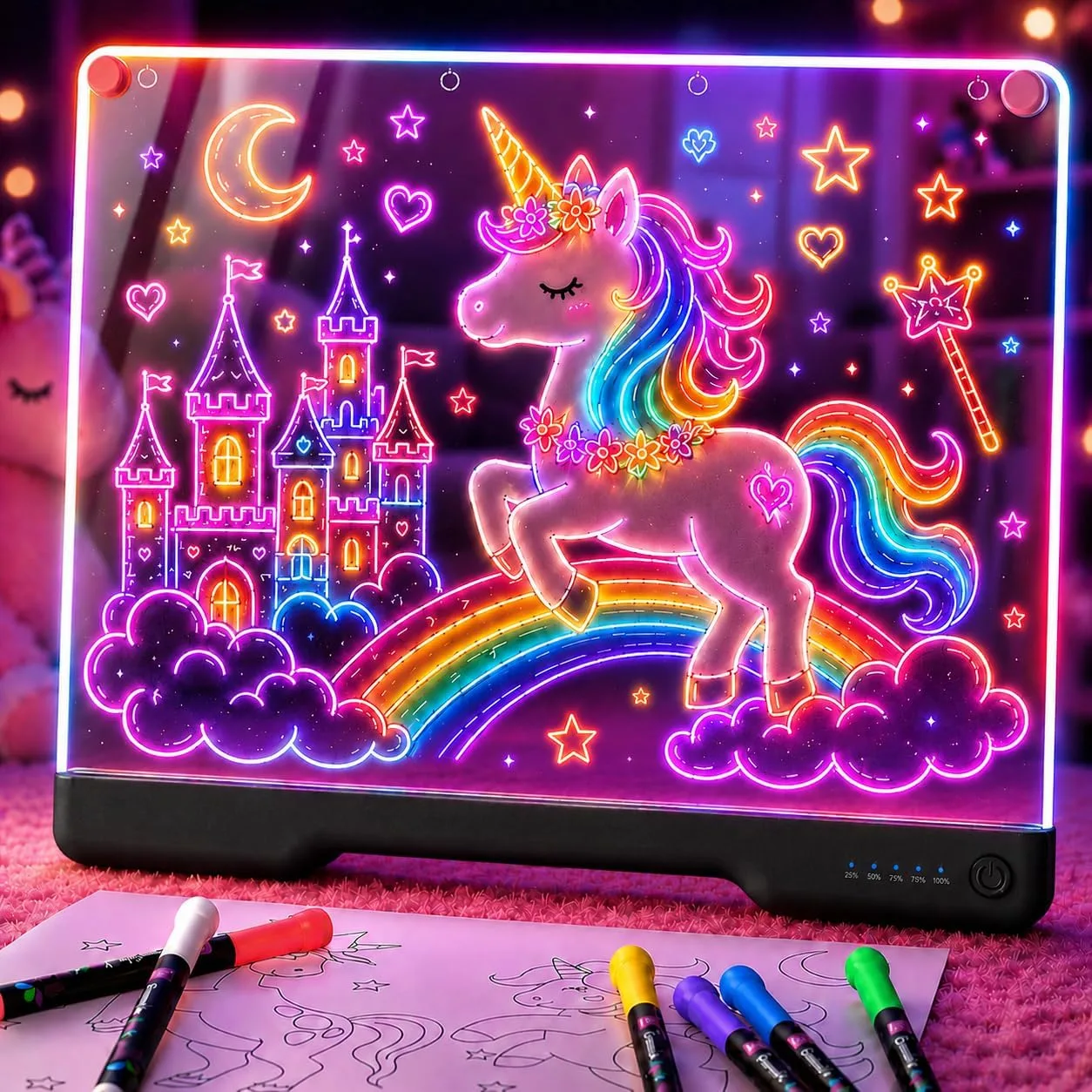 Geokay 16" Rechargeable LED Drawing Board, 9-Color Light Modes, Neon Art Dry Erase Light Up Doodle Glow Pad with Built-in Stand, Sketching Gift Toy for Kids/Girls/Teens, 7 Markers & Tracing Book