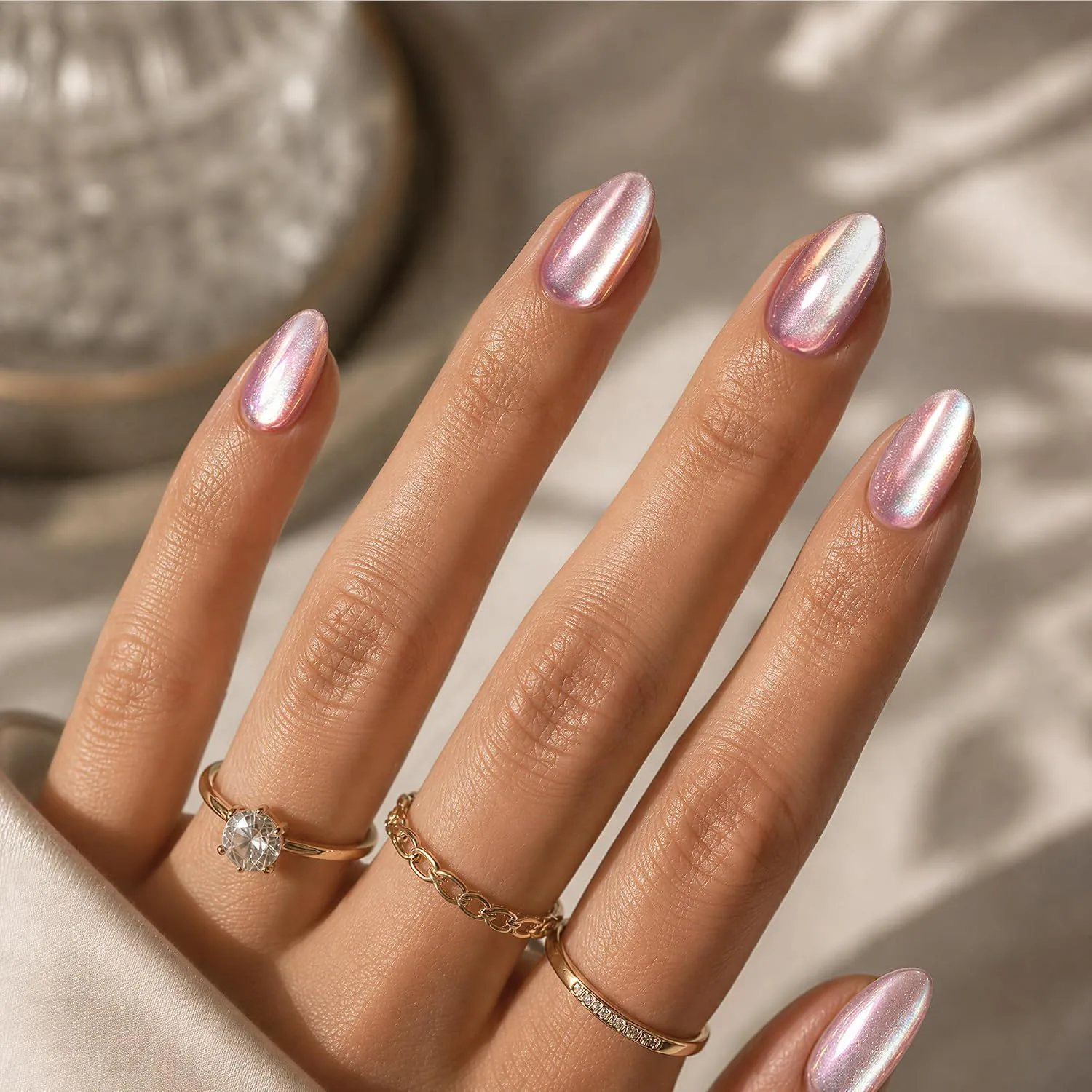 Beetles Chrome Press On Nails, Purple Cat Eye, Short Almond, 32 PCS