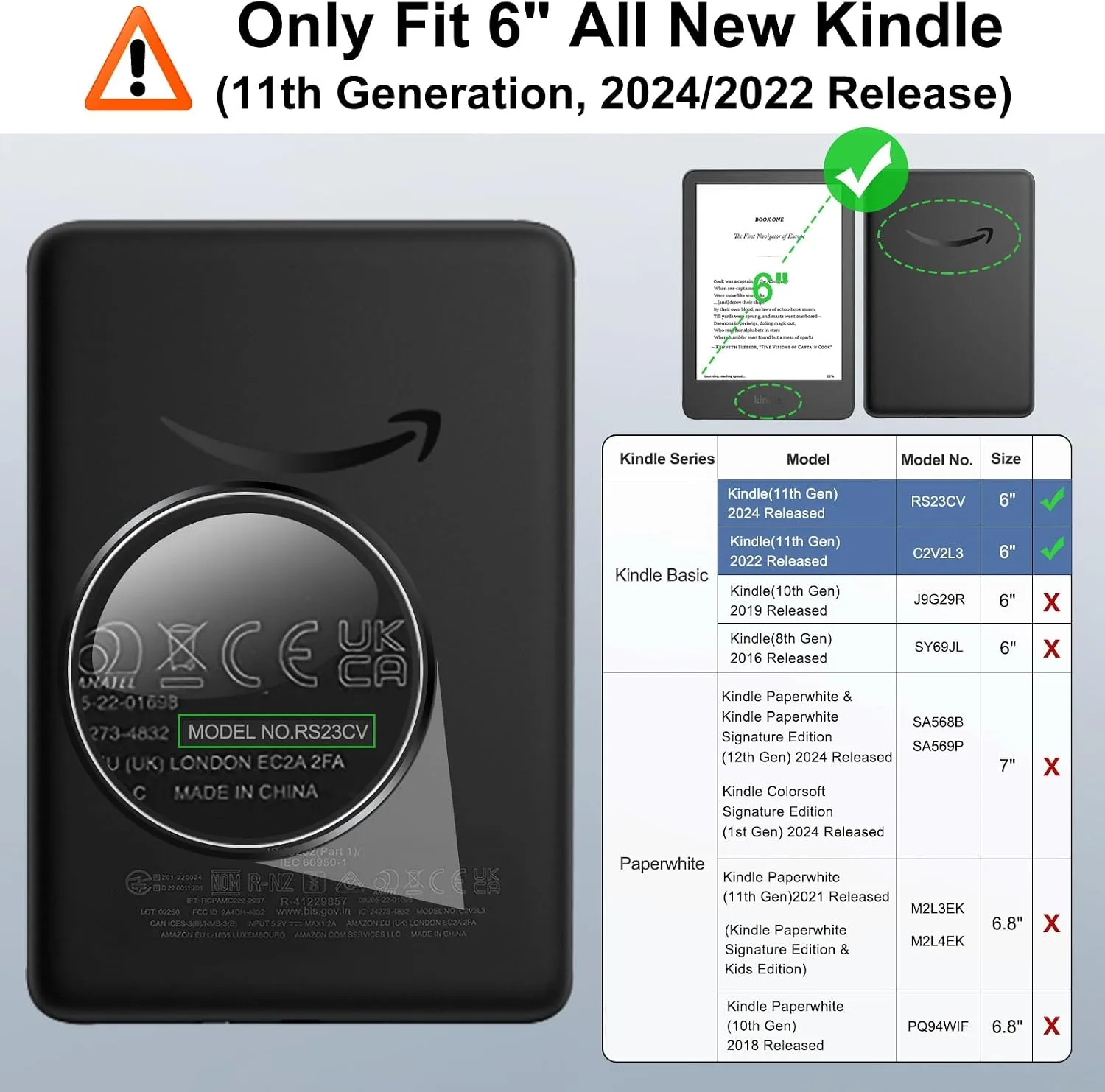 MoKo 360°Rotating Case for 6" Kindle Basic 11th Generation 2024/2022, Black