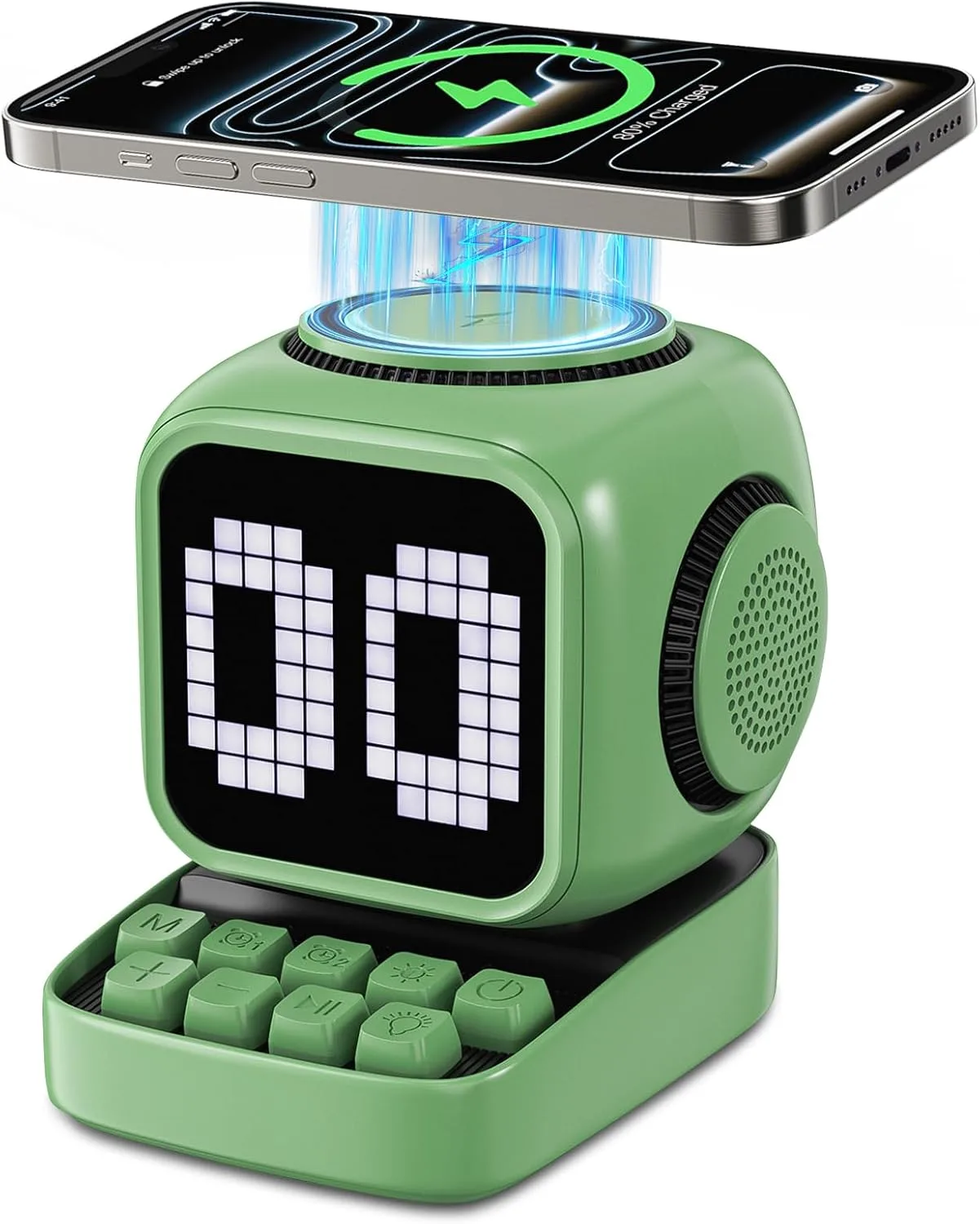 Retro Robot 5-in-1 Bluetooth Speaker: 15W Wireless Charger, Pixel LED Screen, 10W Stereo Sound & 15 White Noise, Alarm Clock, Cute Portable Wireless Speaker for Bedroom Desk Office, Birthday Gifts