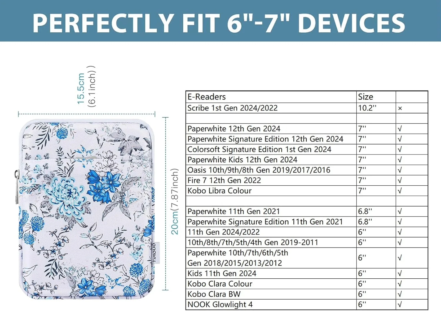 TiMOVO 6-7 Inch Sleeve Case for eReader, Blue Flower