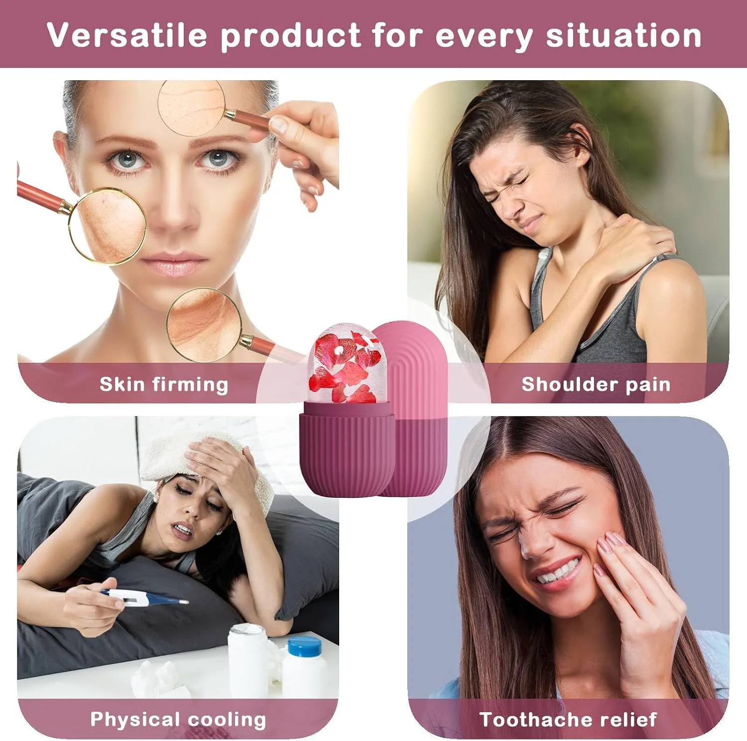XHJRI Ice Face Roller Massager,Ice Cube Roller for Face, Eyes and Neck Naturally Conditioning and Skin Care,De-Puff Eye Bags,Reduce Migraine Pain,Reusable Massage Silicone Ice Mold (Rose)