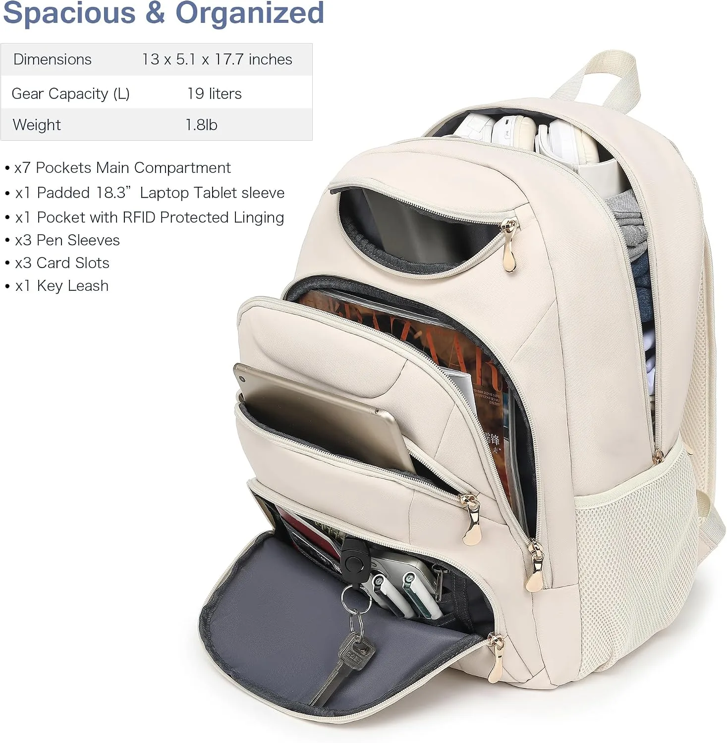 Boavan Laptop Backpack for women,15.6 inch Laptop Bag with USB Port, Waterproof Travel Work Backpack Purse, Anti-Theft Teacher Nurse Doctor Casual Bookbags Office Business backpack，Cream Beige