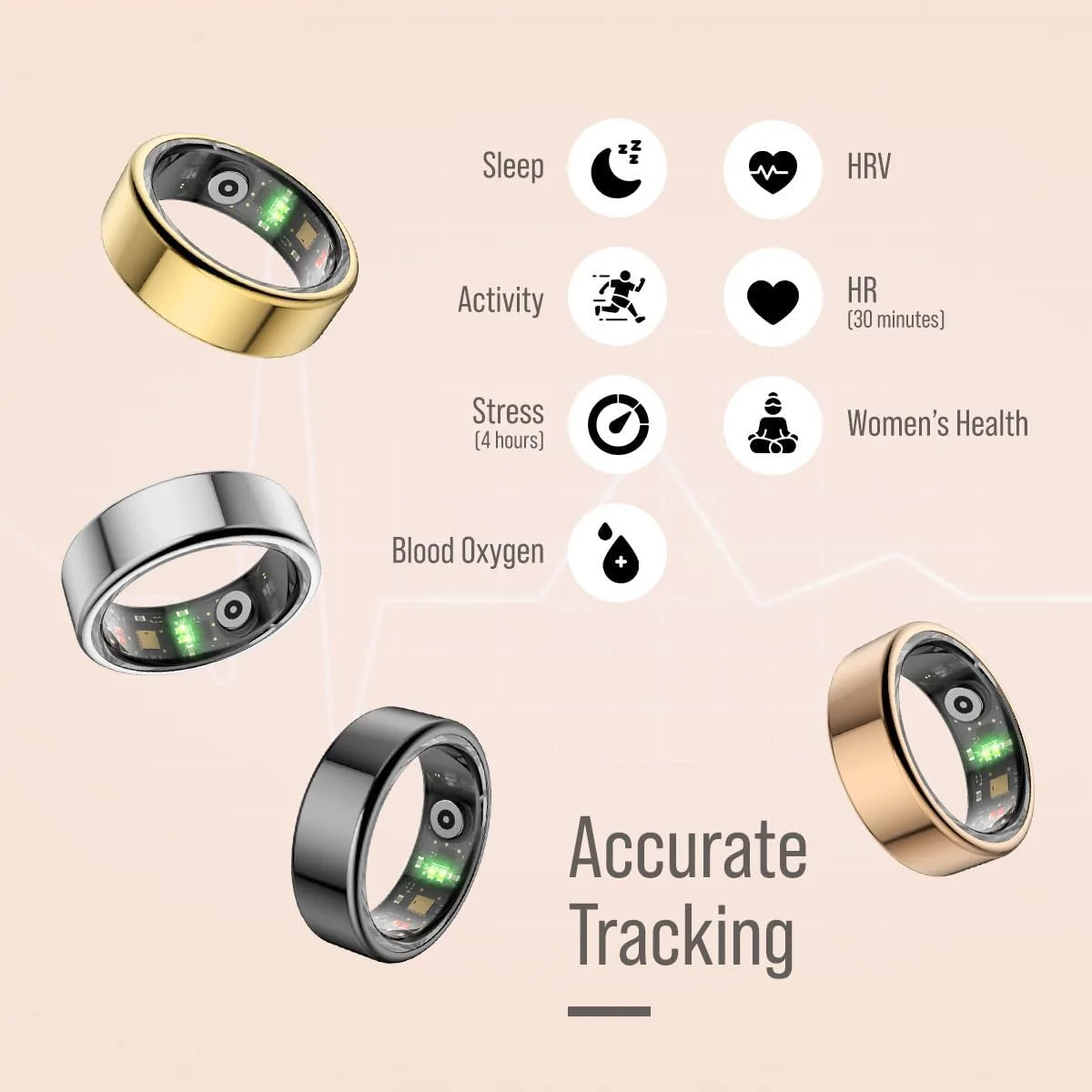 Herz P1 Smart Ring for Women & Men - (Size 12) 24/7 Health Metrics Fitness Ring, Tracks 20+ Biometrics, 6 Day Battery Life, Waterproof Stainless Steel, Free APP for iOS Android, No Subscription