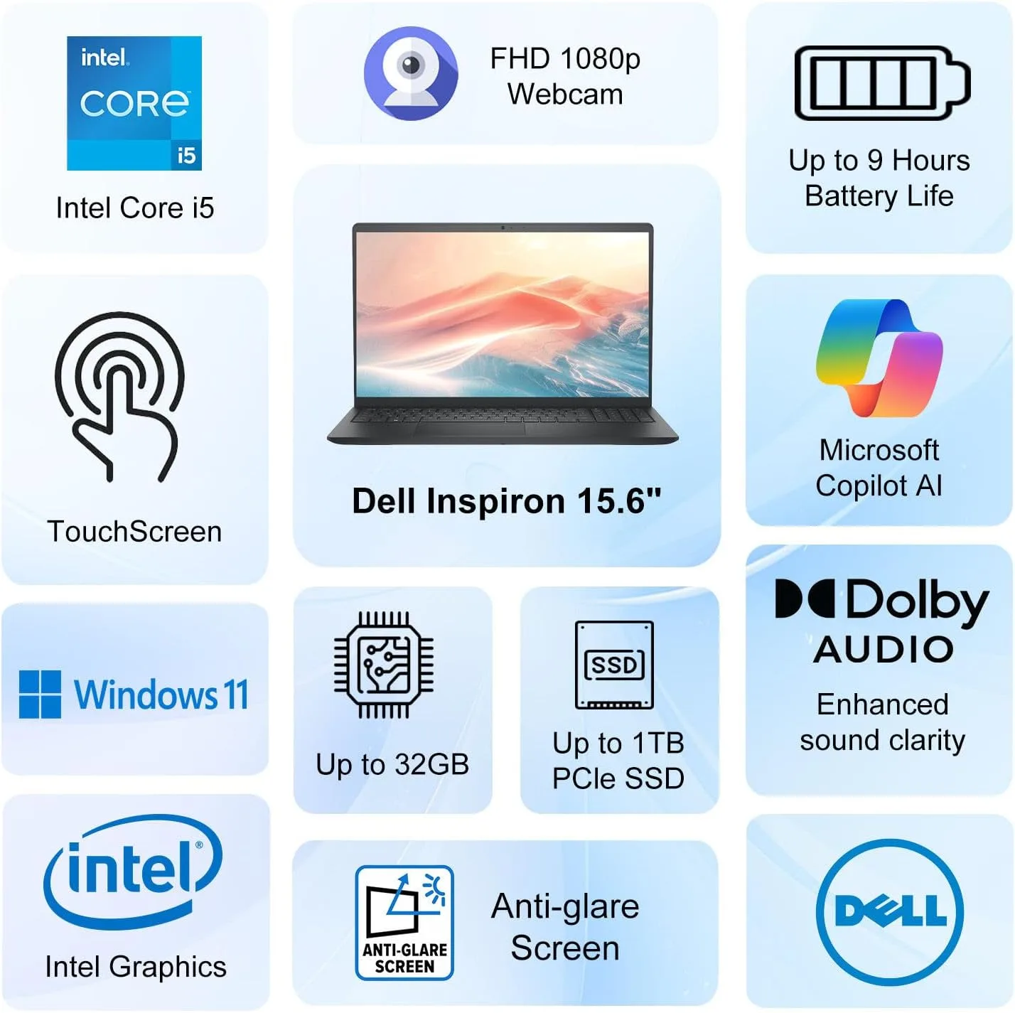 Dell 15.6" FHD Touchscreen Laptop | 13th Gen Intel Core i5-1334U | 8GB RAM | 512GB PCIe SSD | Wi-Fi 6 | 1080p Webcam | Copilot AI | HDMI | Business & Study Ready | Windows 11