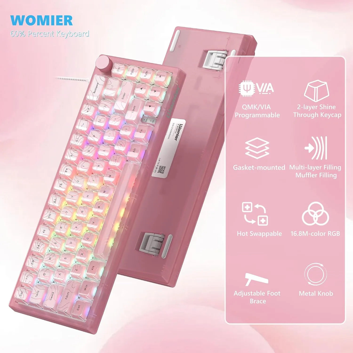 Womier 60% Percent Keyboard Pink Mechanical QMK/VIA Gaming Keyboard