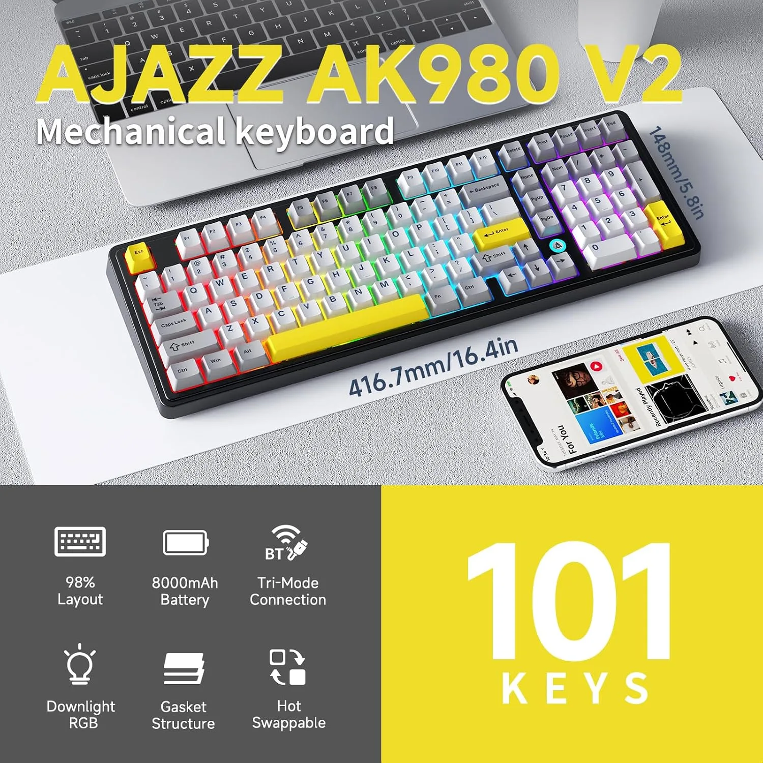 NACODEX Ajazz AK980 V2 Grey Yellow Wireless Mechanical Gaming Keyboard,Tri-Mode BT5.0/2.4GHz/USB-C Hot Swappable Custom RGB Backlit Computer Gaming Keyboards for PC/Tablet/PS/Xbox