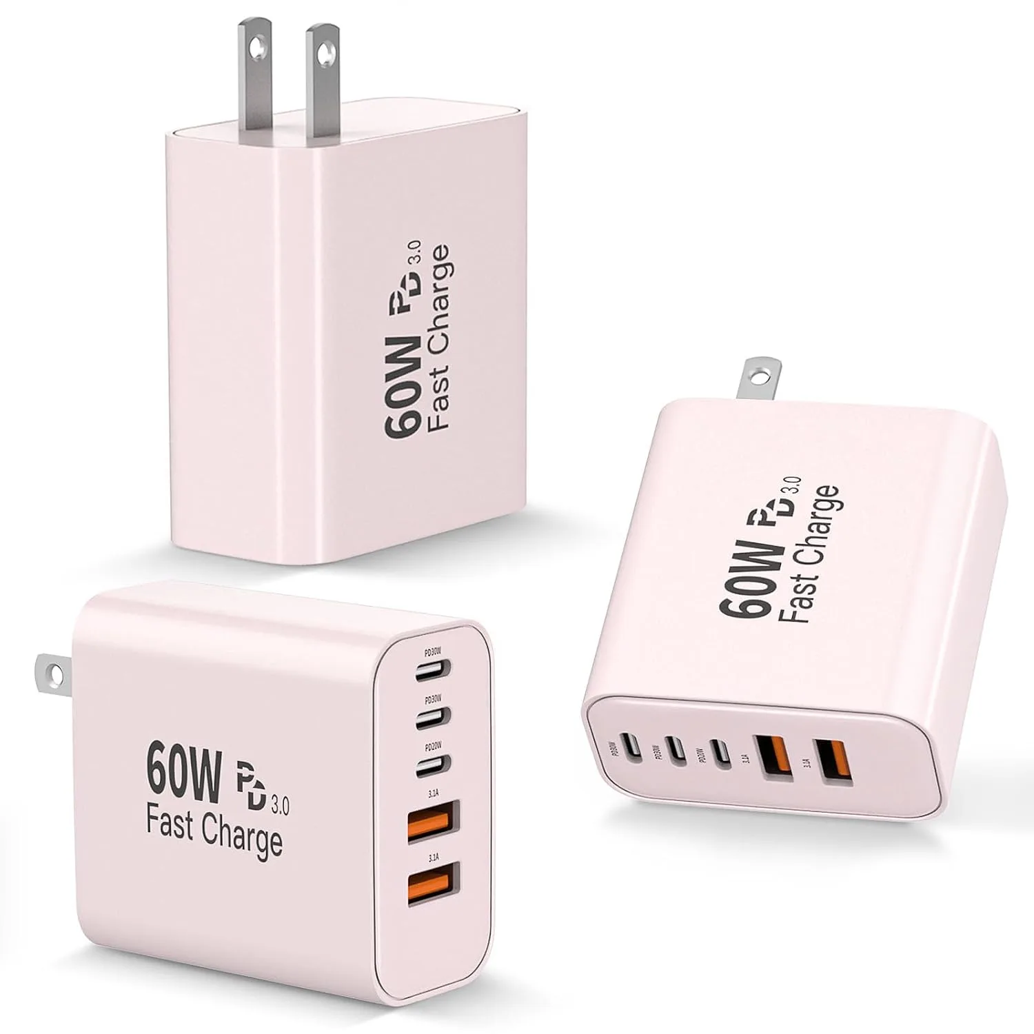3Pack 60W TypeC Wall Charger Block for iPhone,60W 5Port Fast Charging Block