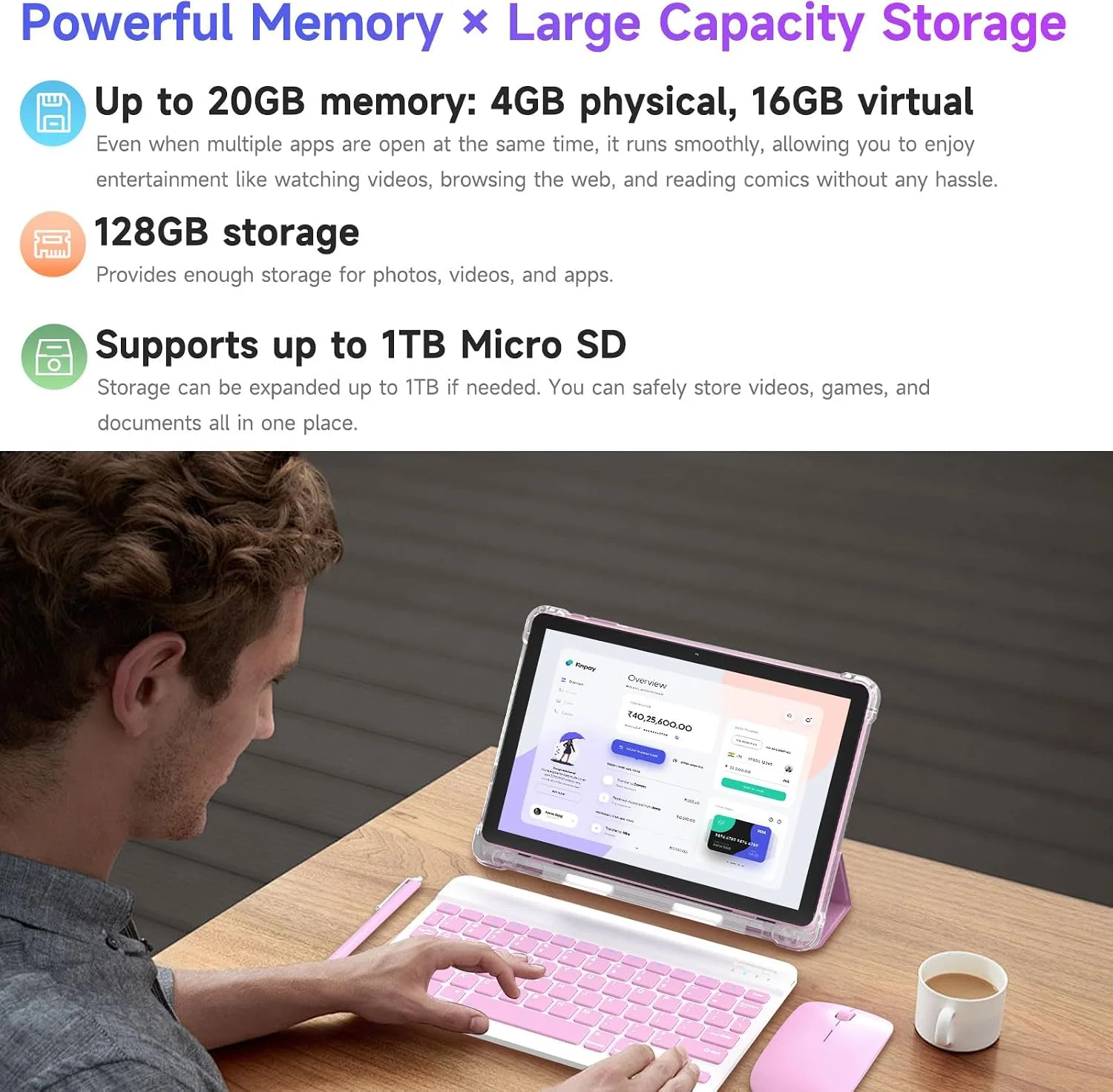 DIGITHINK 128GB Tablet PC 10 inch Android 16.0, Android Tablets, DDR4 4GB RAM+16GB Extend 20GB ROM 2MP+8MP Dual Camera, 2.4G+5G WiFi, Bluetooth 1TB Expand 10 in IPS Tab(Pink)