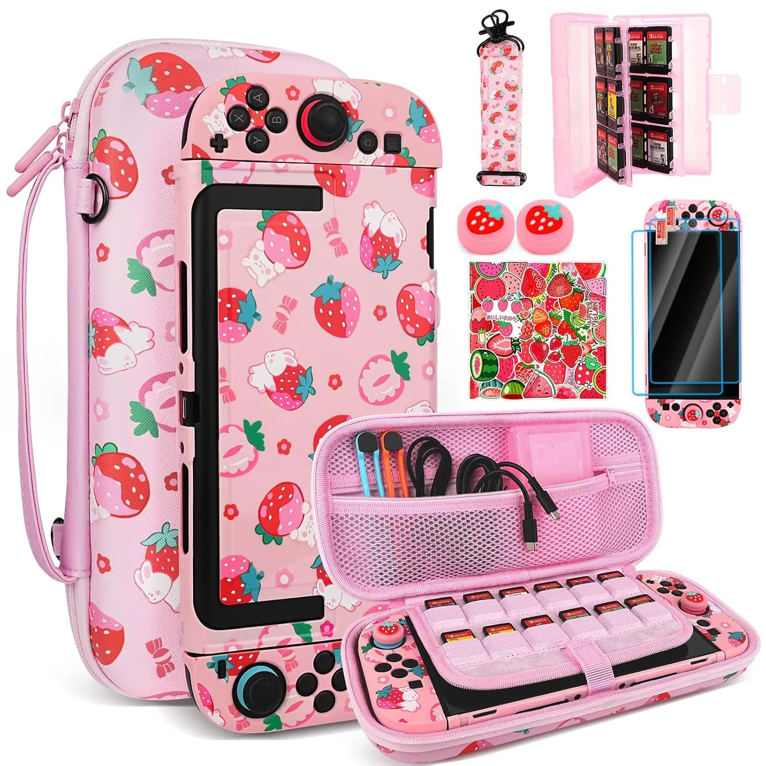 TIKOdirect Carrying Case for Switch 2, Cute Portable Bag Accessories with Soft Protective Case, Screen Protectors and Thumb Grip caps, Game Card Case 7in1, Pink Rabbit