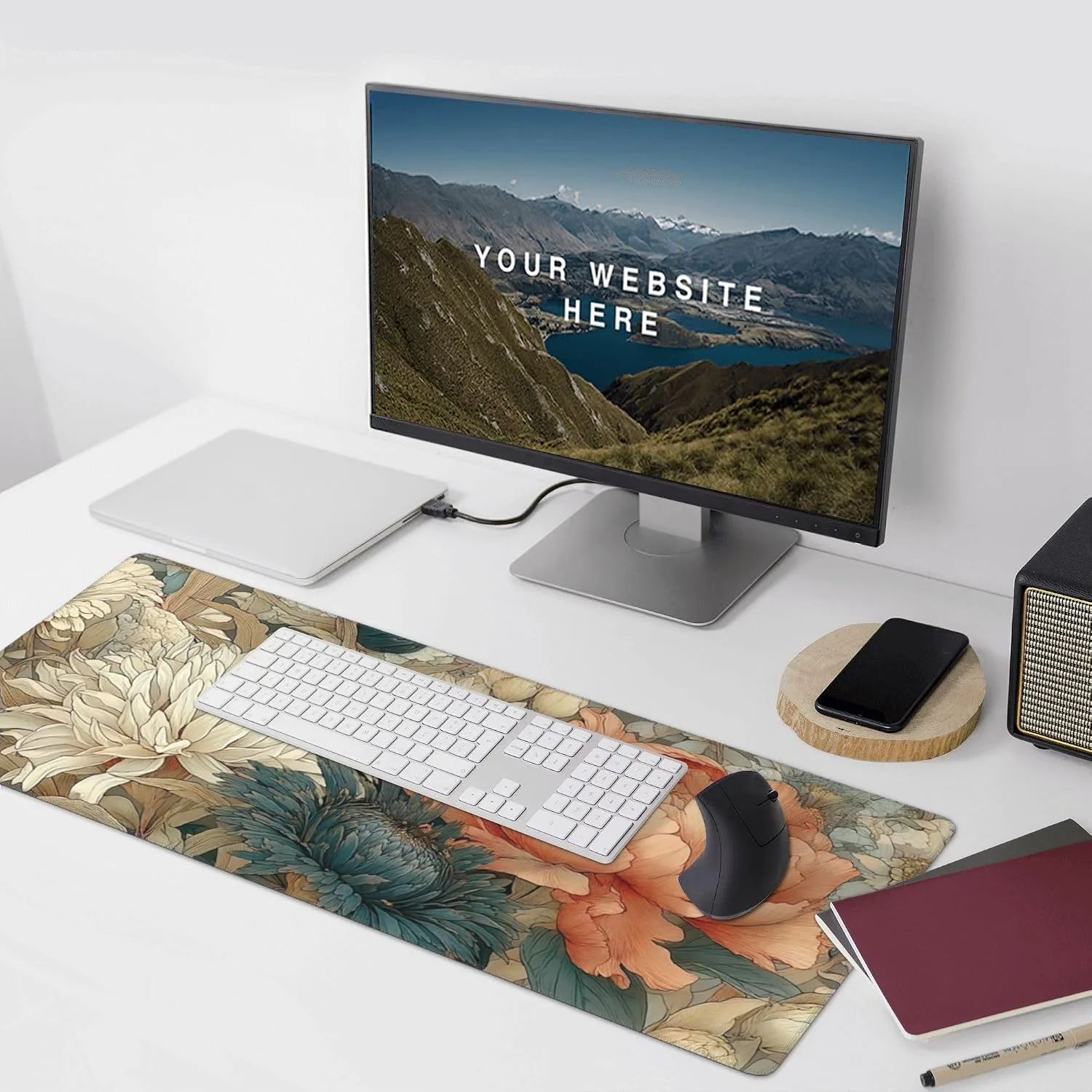 Retro Blossom Boho Floral Large Desk Pad, Anti-Slip Rubber Mouse Pad for Office and School, 35.4" x 15.7"