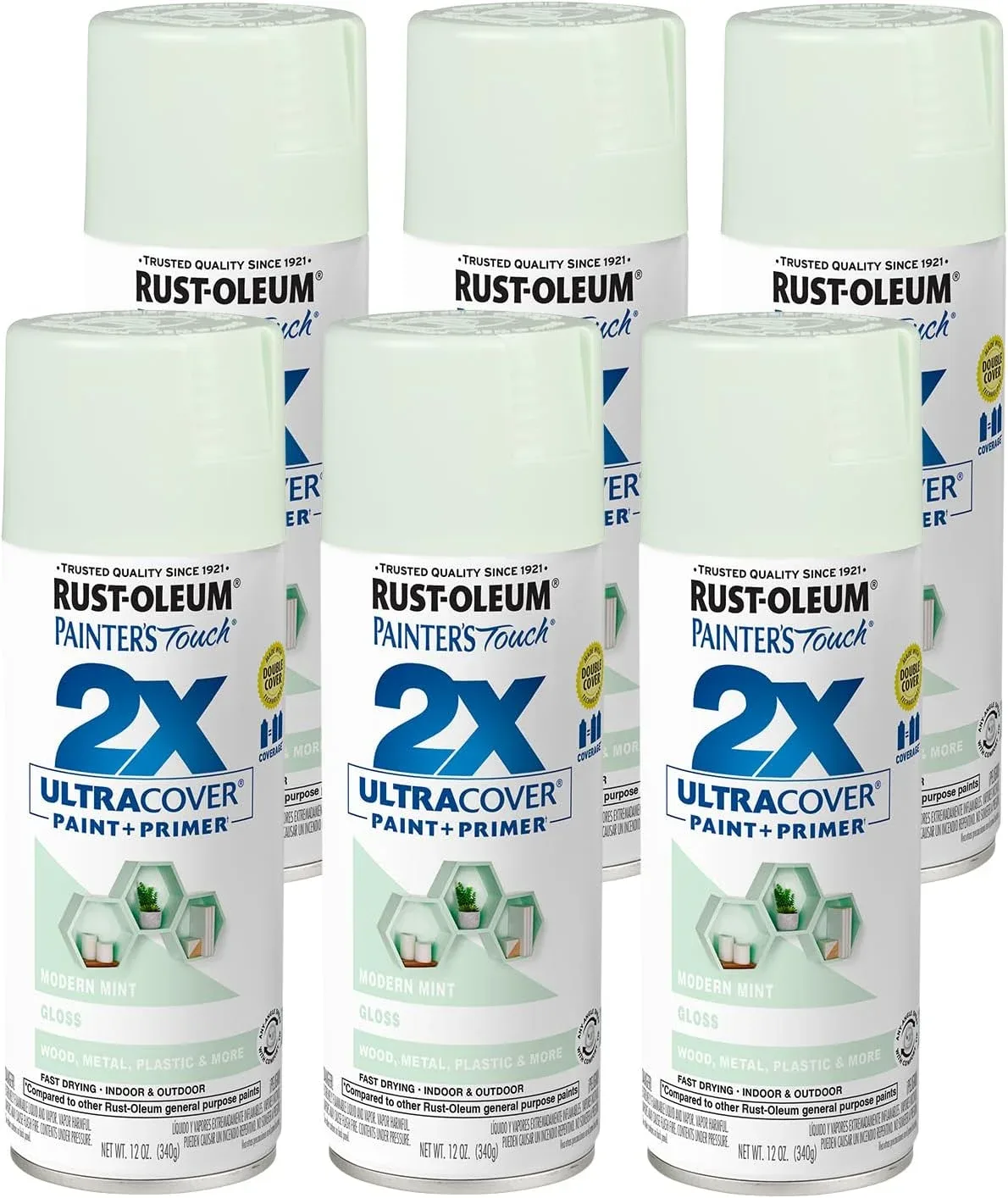 Rust-Oleum 329200-6PK Painter's Touch 2X Ultra Cover Spray Paint, 12 oz, Gloss Modern Mint, 6 Pack