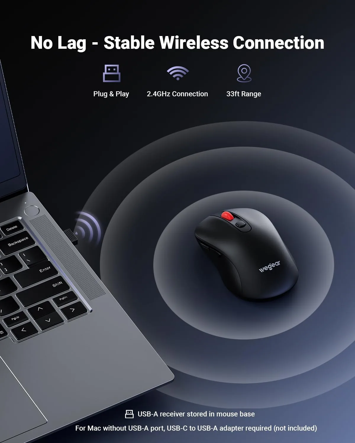 wegear USB Wireless Mouse for Laptop PC Mac, 2.4GHz Cordless Mouse-Black