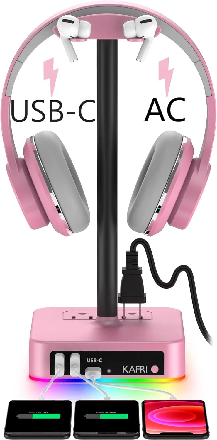 KAFRI RGB Headphone Stand with USB Charger Desk Gaming Headset Holder Hanger Rack with 3 USB Charging Port and 2 Outlet - Suitable for Gamer Desktop Table Game Earphone Accessories Girlfriend Gift