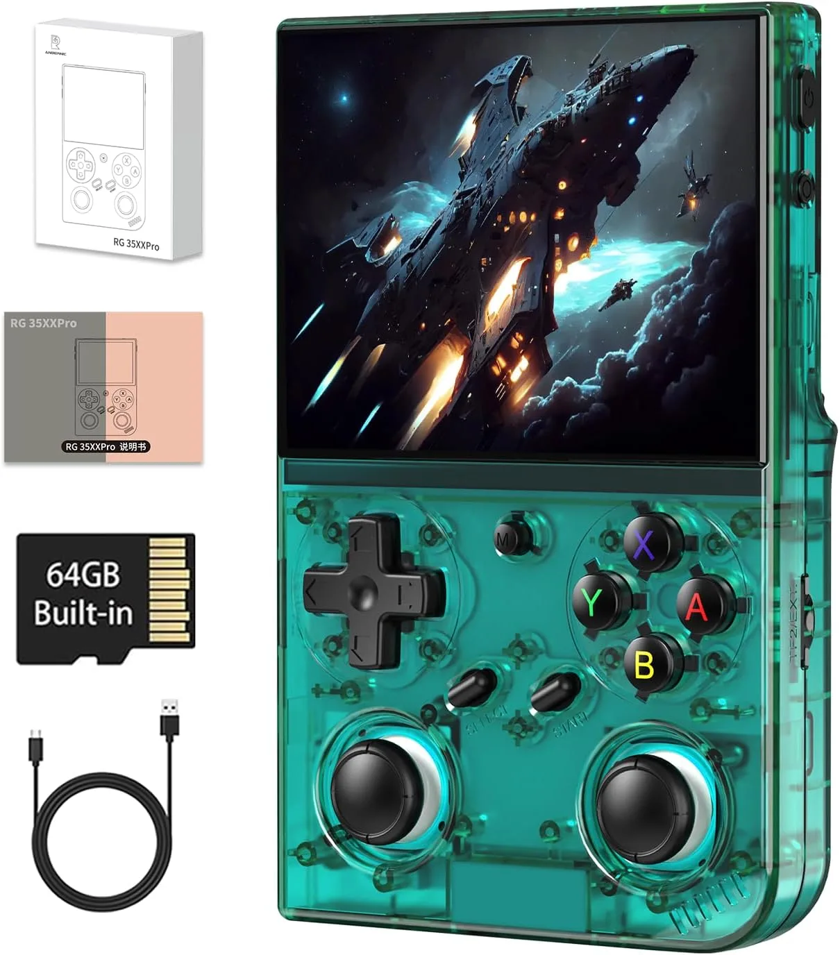 RG35XX Pro Handheld Game Consoles RG35XXPro Retro Gaming Console with 64GB Card 4353 Games Video Game Console Pocket Arcade Support 30+ Simulators WiFi Bluetooth HD Output Transparent Teal