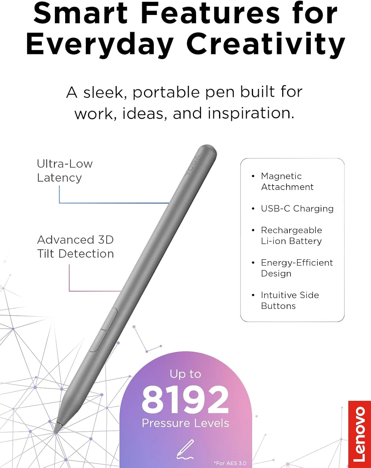 Lenovo Yoga Pen 2 with Magnetic Pen Case, AES 3.0 Stylus with 8192 Pressure Levels, USB C Rechargeable, Tilt Detection, Multi Protocol Support for Lenovo Yoga 2 in 1 PCs, Luna Grey