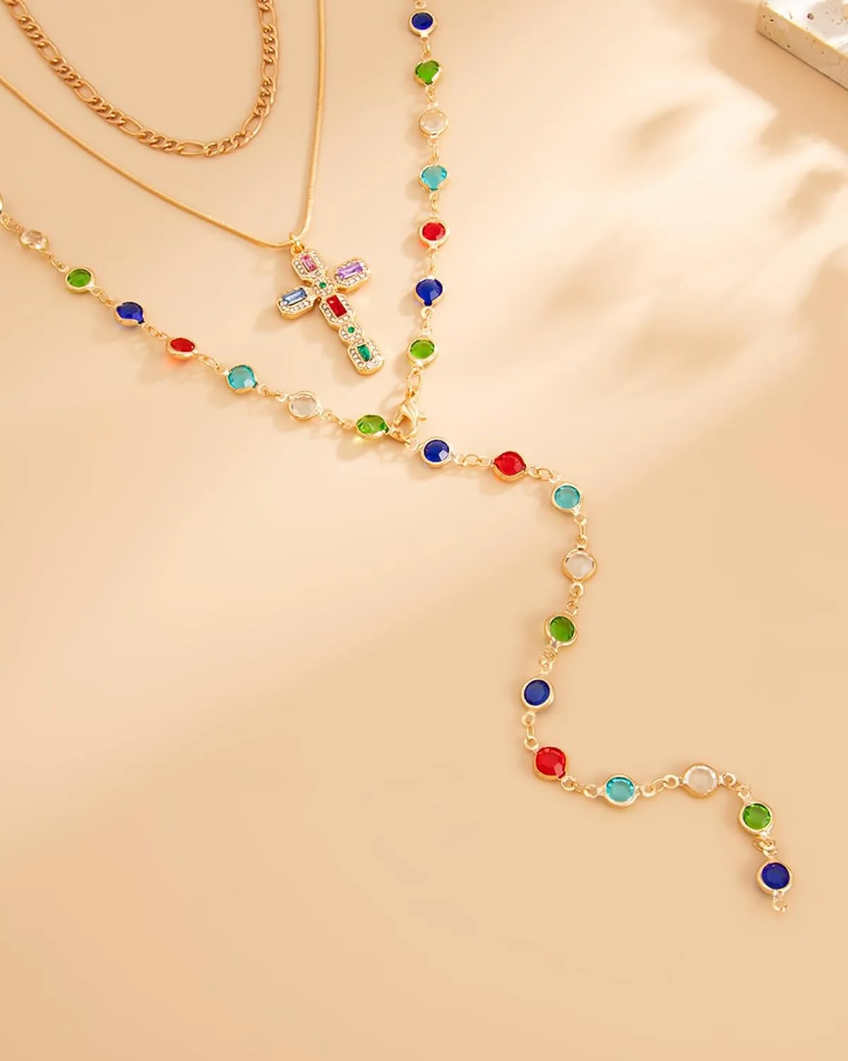 Colorful Y Shaped Necklace for Women Trendy Long Multi Color Crystal Lariat Necklace Sparkly Gemstone Chest Chain Summer Deep V-Neck Dress Outfits Jewelry Accessories