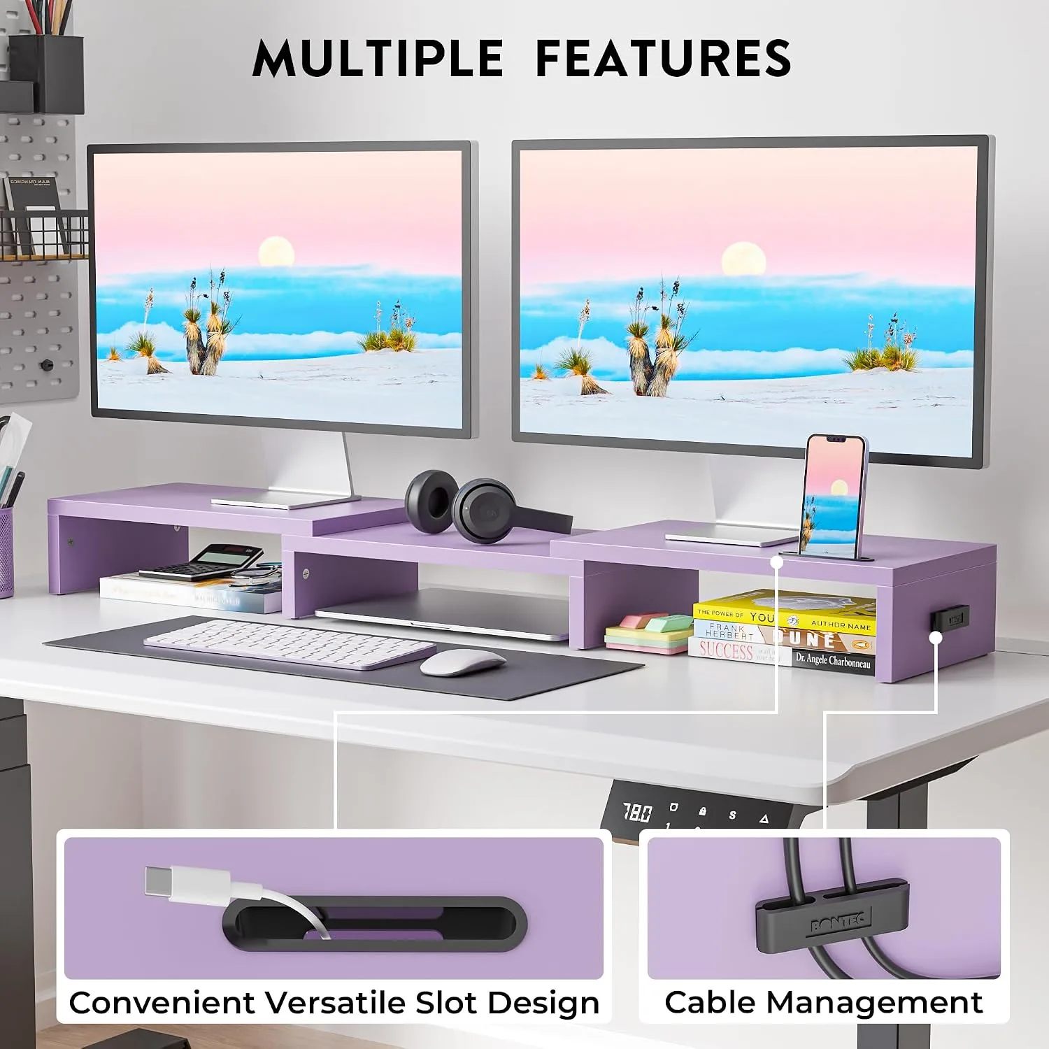BONTEC Dual Monitor Stand Riser, Adjustable Length & Swivel Angle, Purple