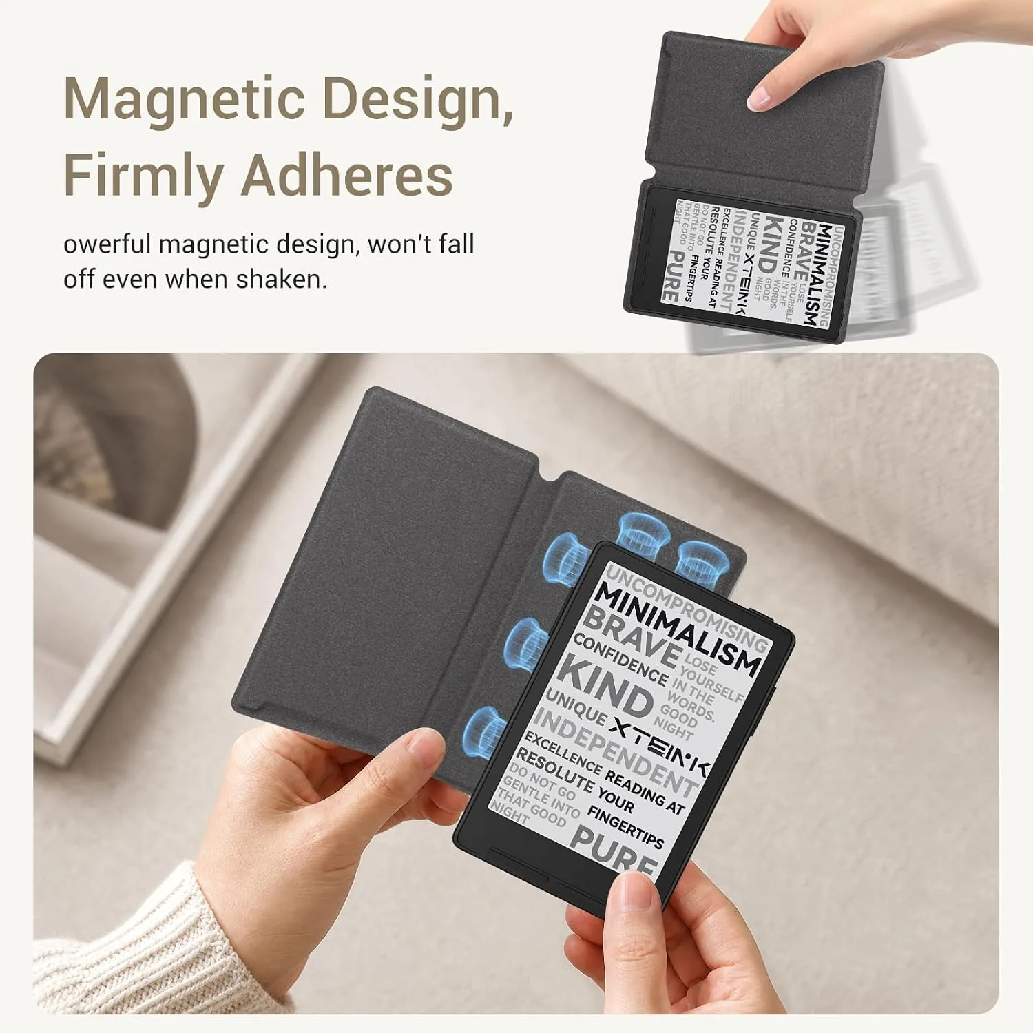 CoBak Magnetic Case for XTEINK X3 eBook Reader, 3.7" Ultra-Lightweight PU Leather Cover(Cloth Pattern Gray)