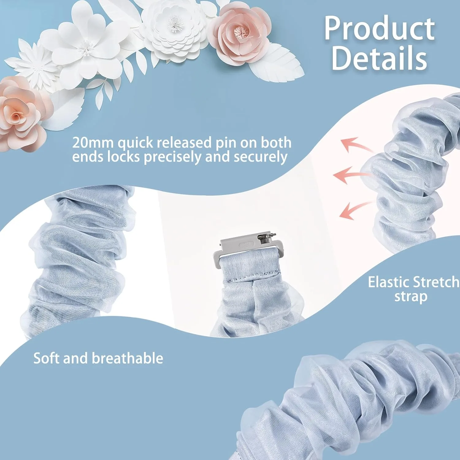 Compatible with Samsung Galaxy Watch 7/6/5/4/Active 2/FE Bands - 40mm/44mm, 20mm Quick Release Scrunchie Strap - Stretchy Cute Elastic Fabric Bands (10-Pack) Women