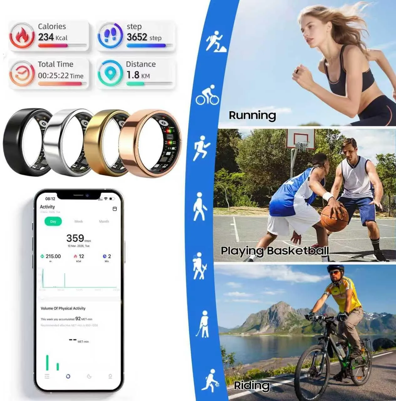 Smart Ring Health Tracker for Women Men, Fitness Ring Gen3 Rosegold,10
