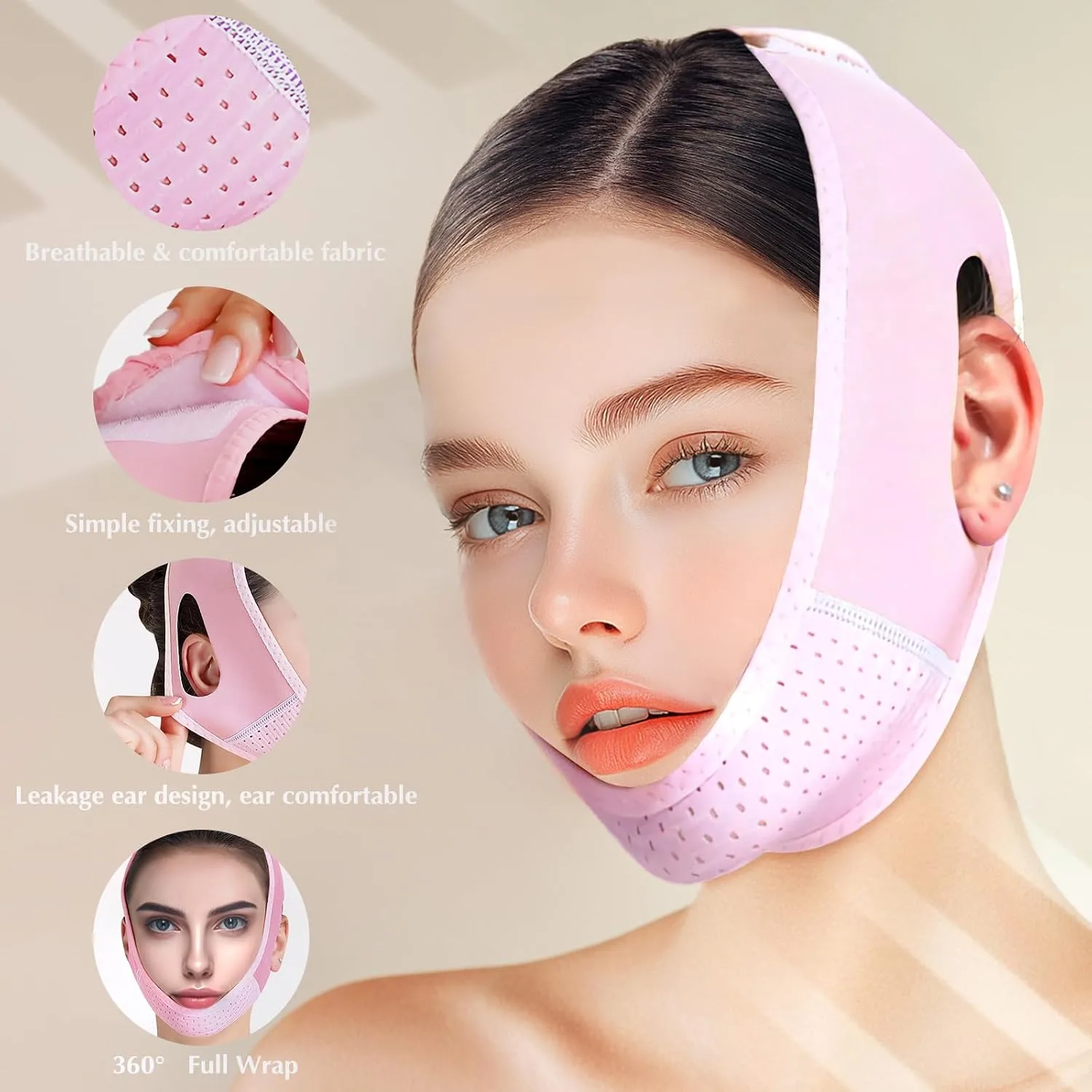 Reusable V Line Lifting Mask with Chin Strap for Sleeping, V Shaped Face Mask for Sagging, Jawline Shaper(Pink)