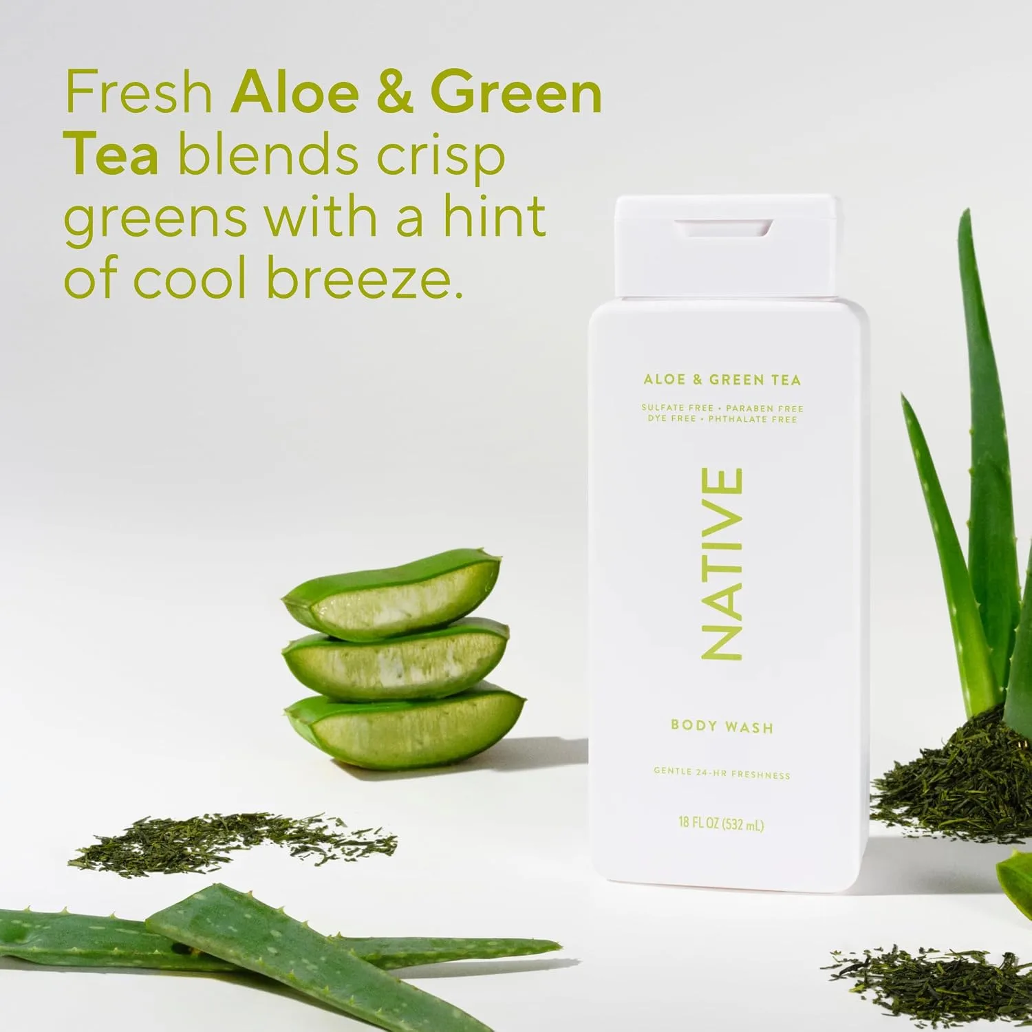Native Clean Body Wash, Gentle & pH-balanced for Sensitive Skin, 24-Hr Freshness for Women & Men, Vegan & Cruelty-Free, Free of Sulfates, Parabens & Phthalates, Aloe & Green Tea, 18 Fl Oz (Pack of 6)