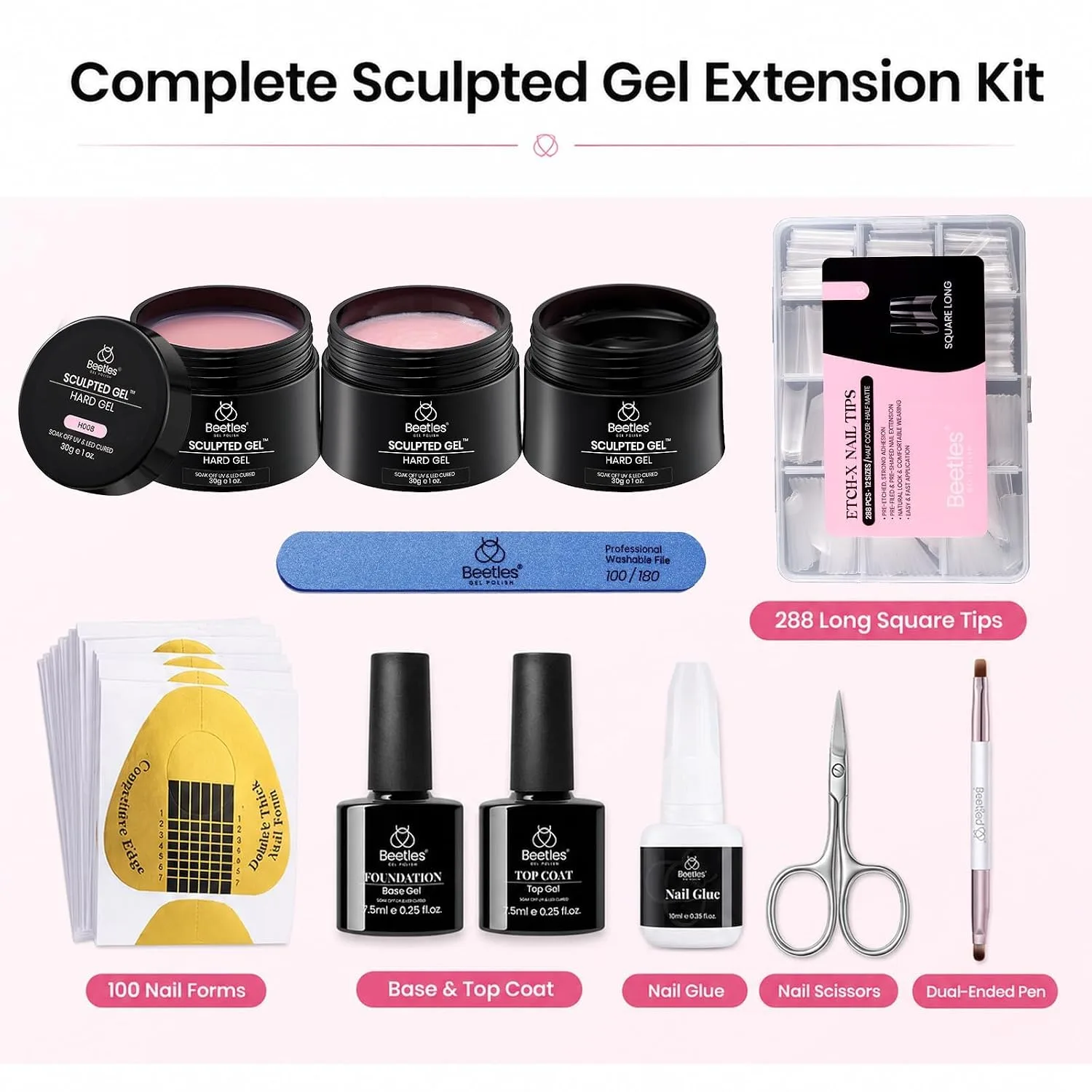 Beetles Hard Gel Nail Extension Kit, 3 Color Builder Gels & Half Cover Tips