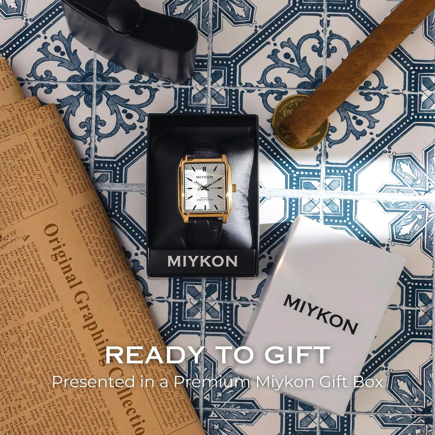 Miykon Men Vintage Tank Dress Watch, Genuine Leather Strap, Water Resistant