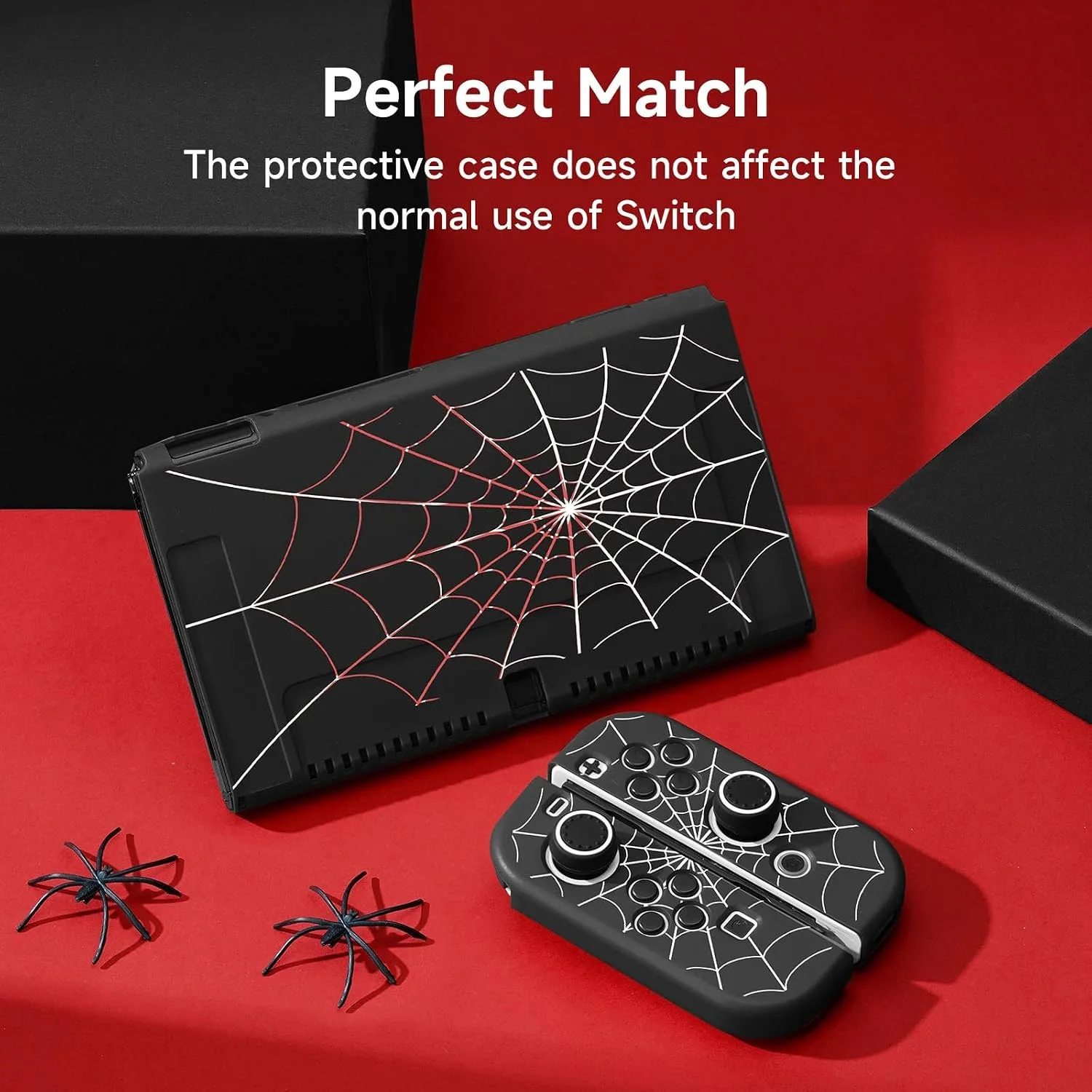 JINGDU Protective Case Compatible with Nintendo Switch OLED 2021, TPU Case Accessory for Nintendo Switch Console and Grip Joy-Con, Switch Protector with 4 Thumb Grips, Black Spider Web