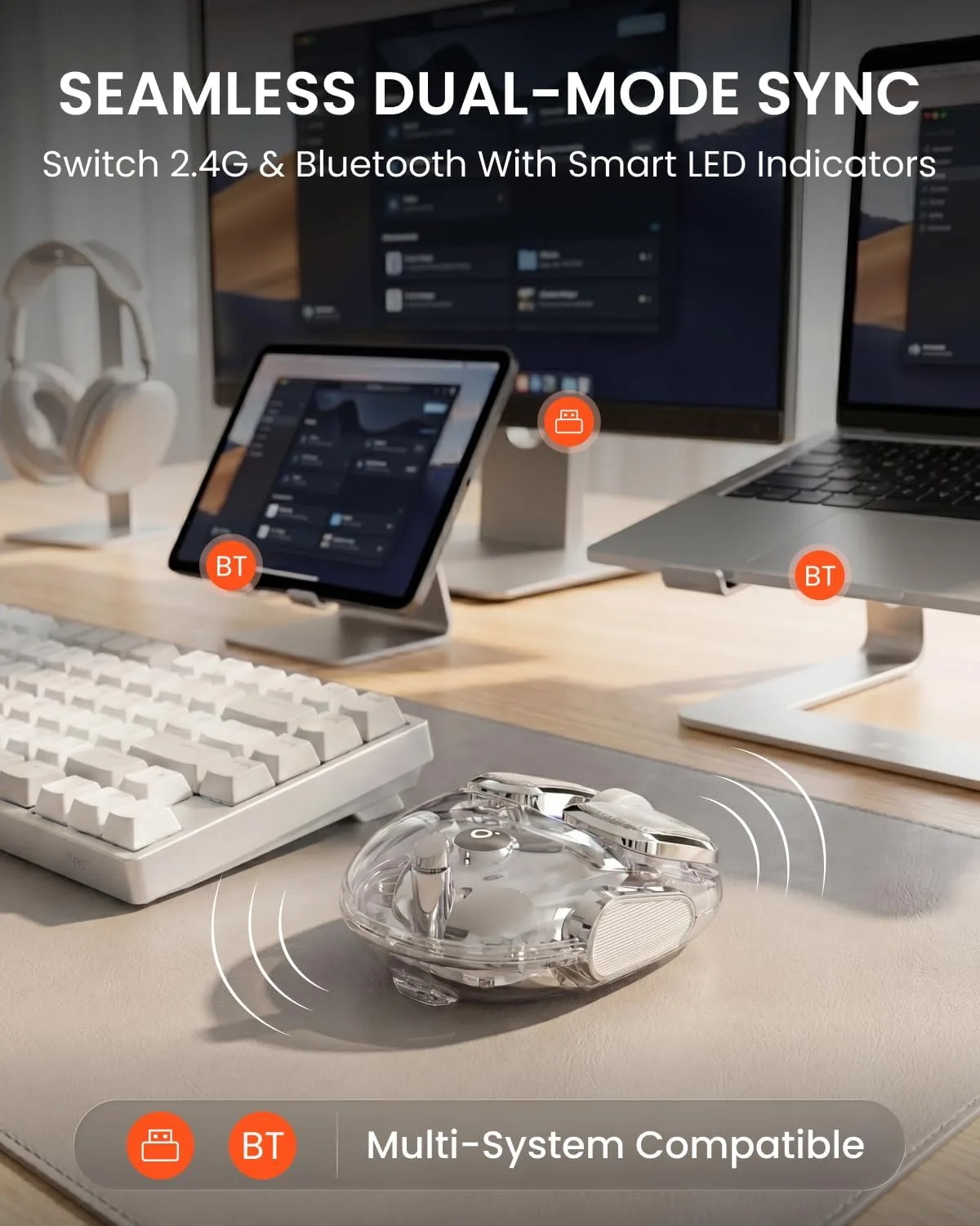 Wireless Bluetooth Mouse, Rechargeable, Clear, Silent Click for Small Hand