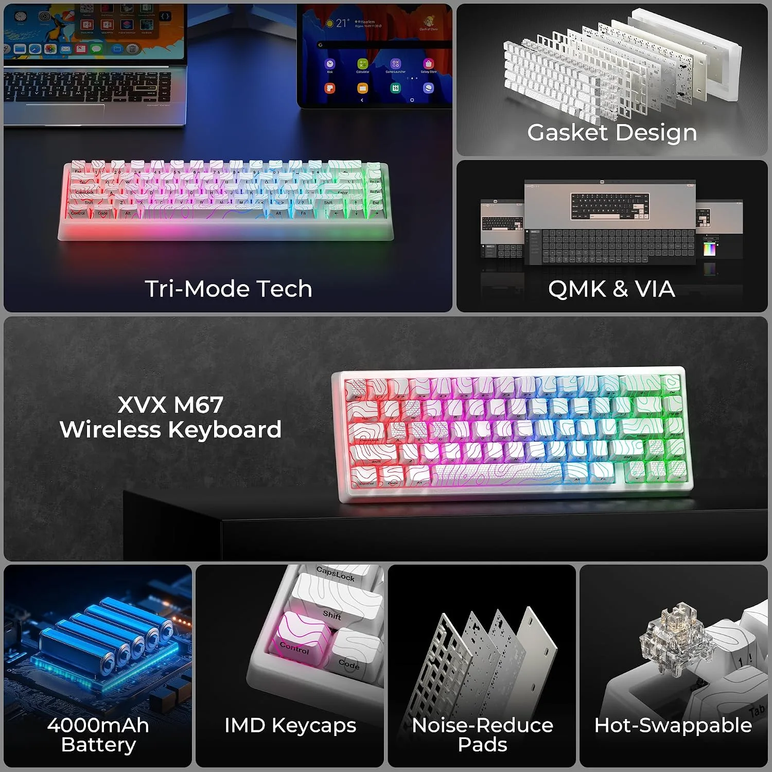 HITIME x XVX M67 Wireless 60% Percent Keyboard, QMK/VIA Topographic Gaming Keyboard, Tri-Mode Thocky Creamy Mechanical Key Board, Hot Swappable Gasket Mount RGB IMD Tech for Win/Mac(JadeStone)