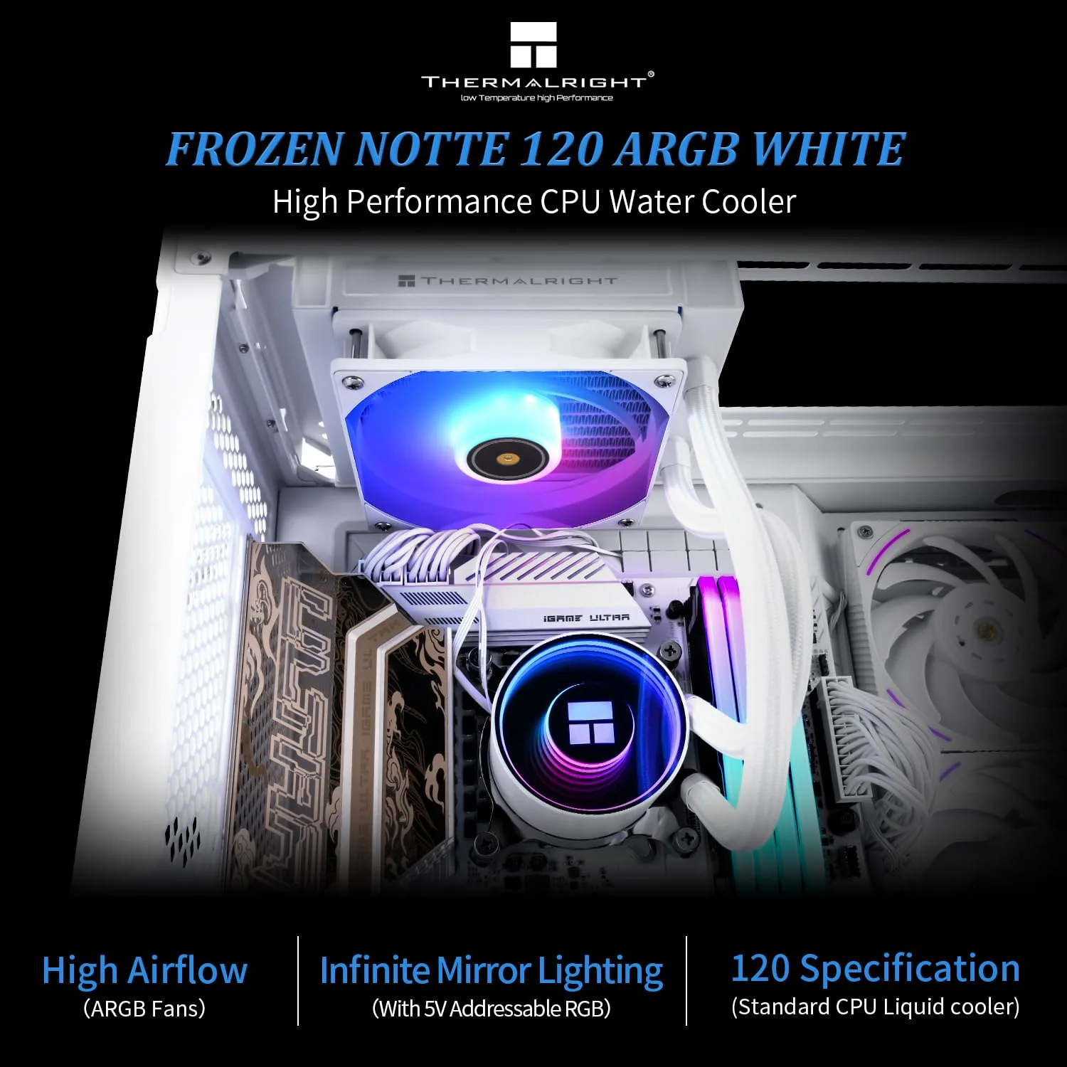 Thermalright Frozen Notte 120 ARGB White Liquid CPU Cooler, 120mm PWM Fan with ARGB-Up to 2000RPM Speed, for AMD/AM4/AM5, Intel LGA1150/1151/1200/1700/1851,White