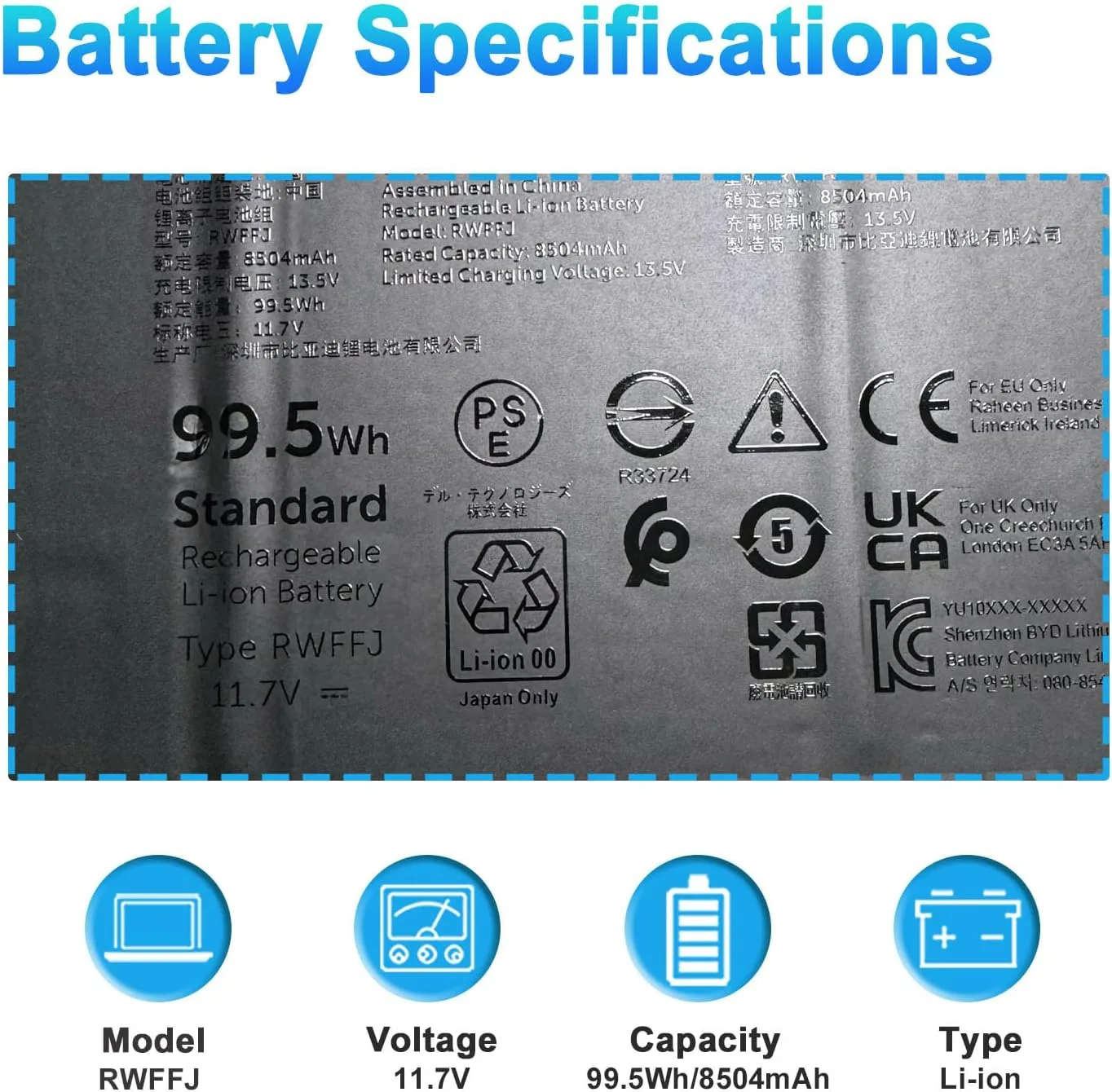 RWFFJ Laptop Battery for Dell XPS 16 9640 2024 Series
