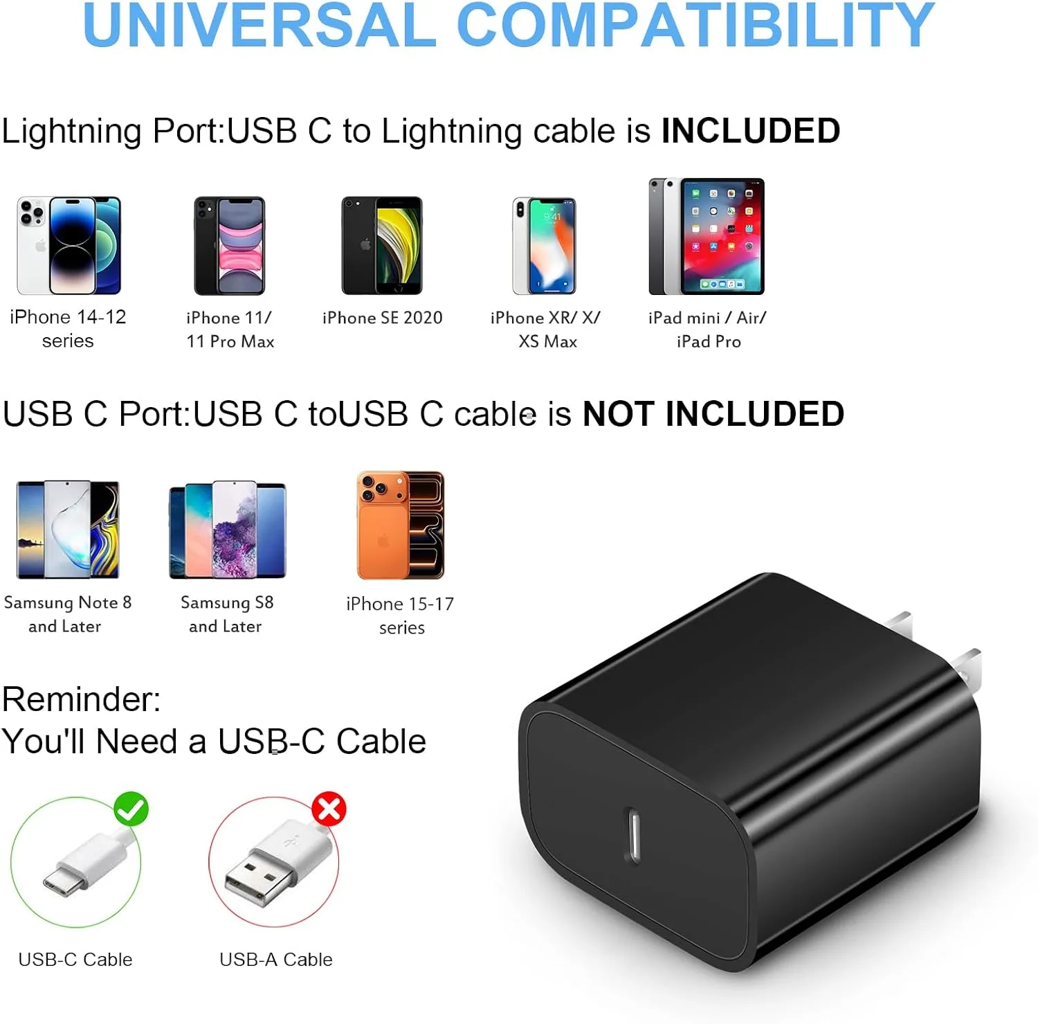iPhone Fast Charger 3+3Pack 20W USB C Wall Charger with Extra Long 10FT Fast Charging Cable Compatible with iPhone 14/13/12/11/Pro/Pro Max-Black