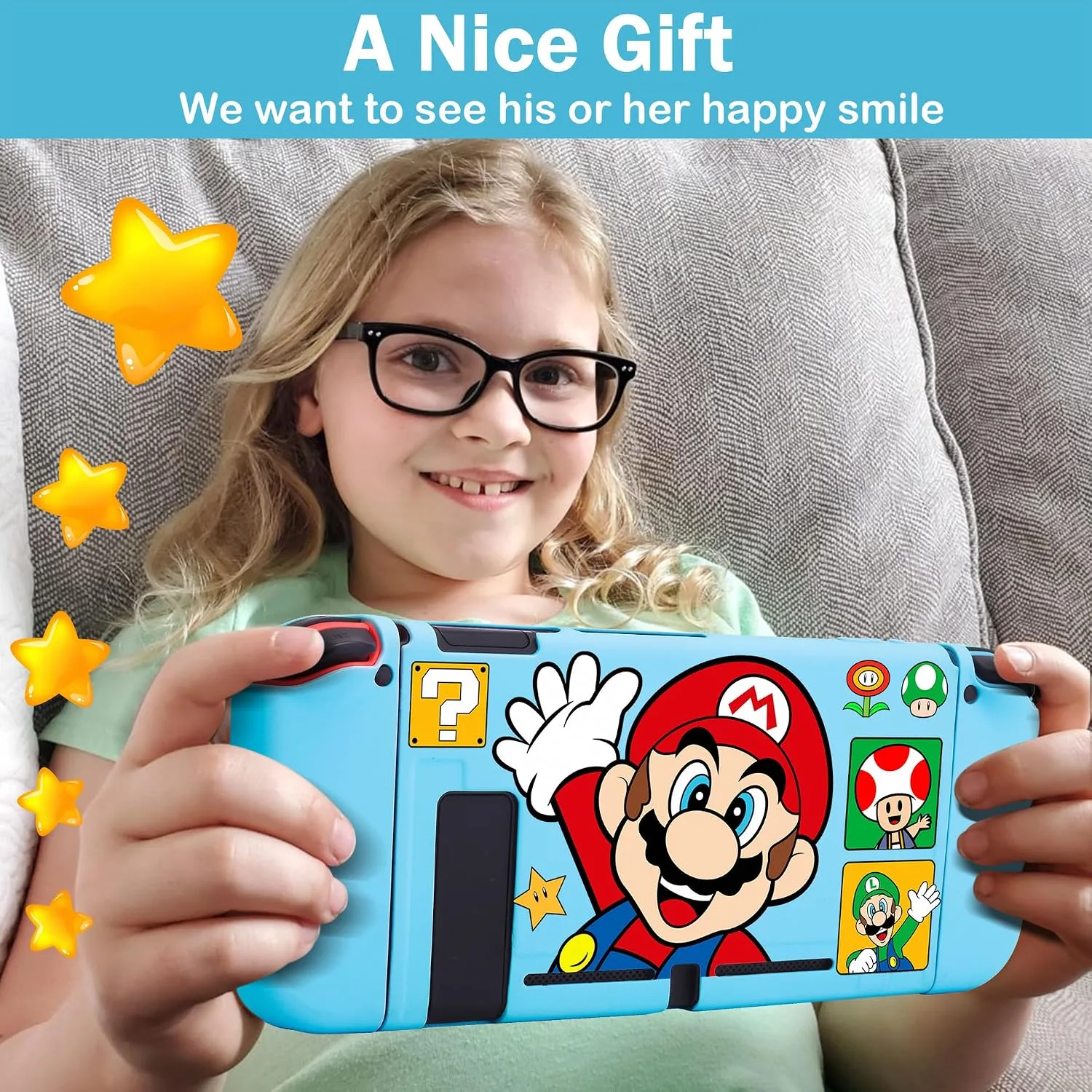 Xcitifun Case Designed for Nintendo Switch for Girls Boys Kids Soft Slim TPU Switch Cases Cute Kawaii Character Cartoon Protective Shell Cover Compatible with Nintendo Switch 2017 - Blue Ma