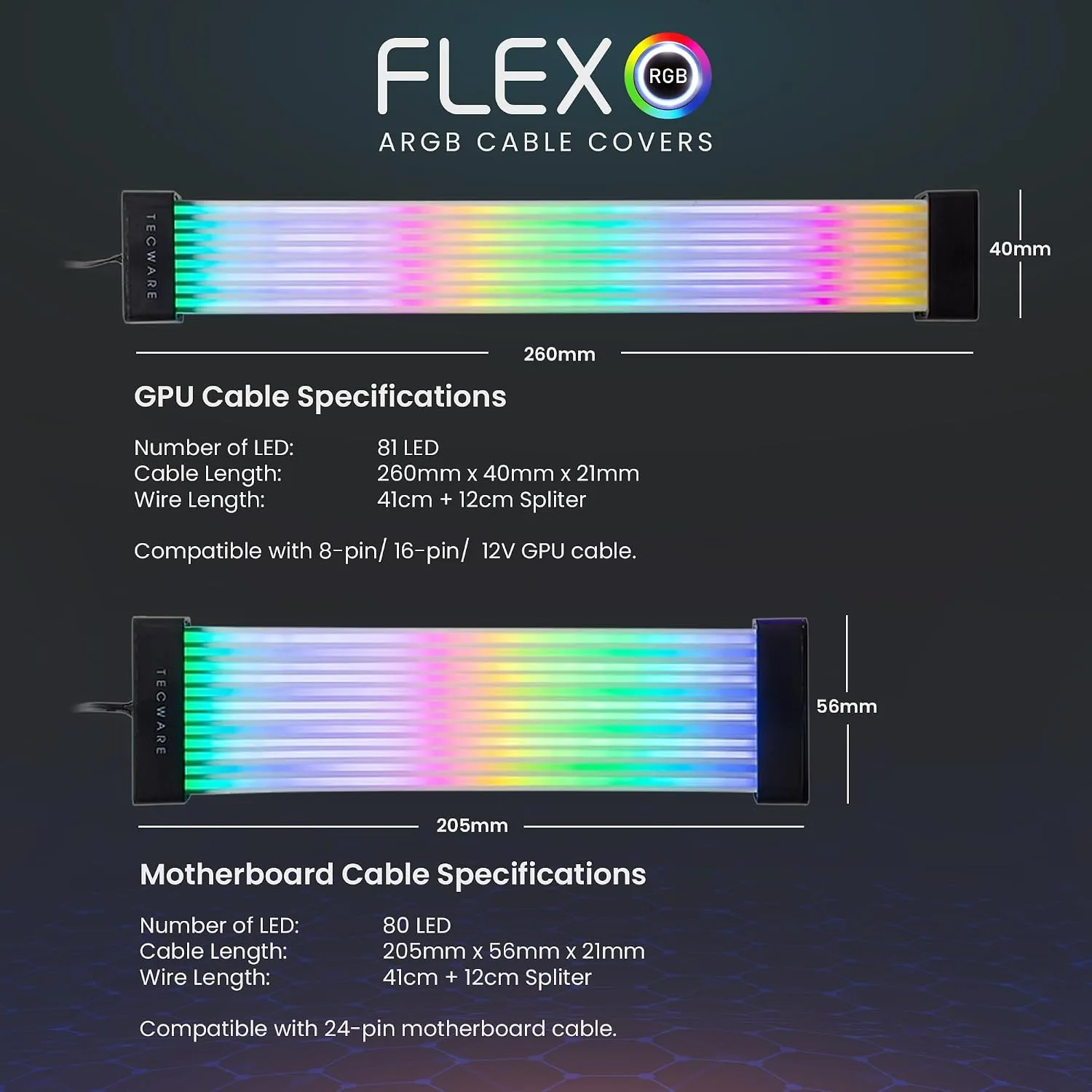 TECWARE Flex RGB Cable Cover Kit | Compatible with 24-Pin Motherboard and 8-Pin/16-Pin GPU | ARGB PSU Cable Extension with 5V 3-Pin Sync | RGB Lighting Kit for PC Cables | Black