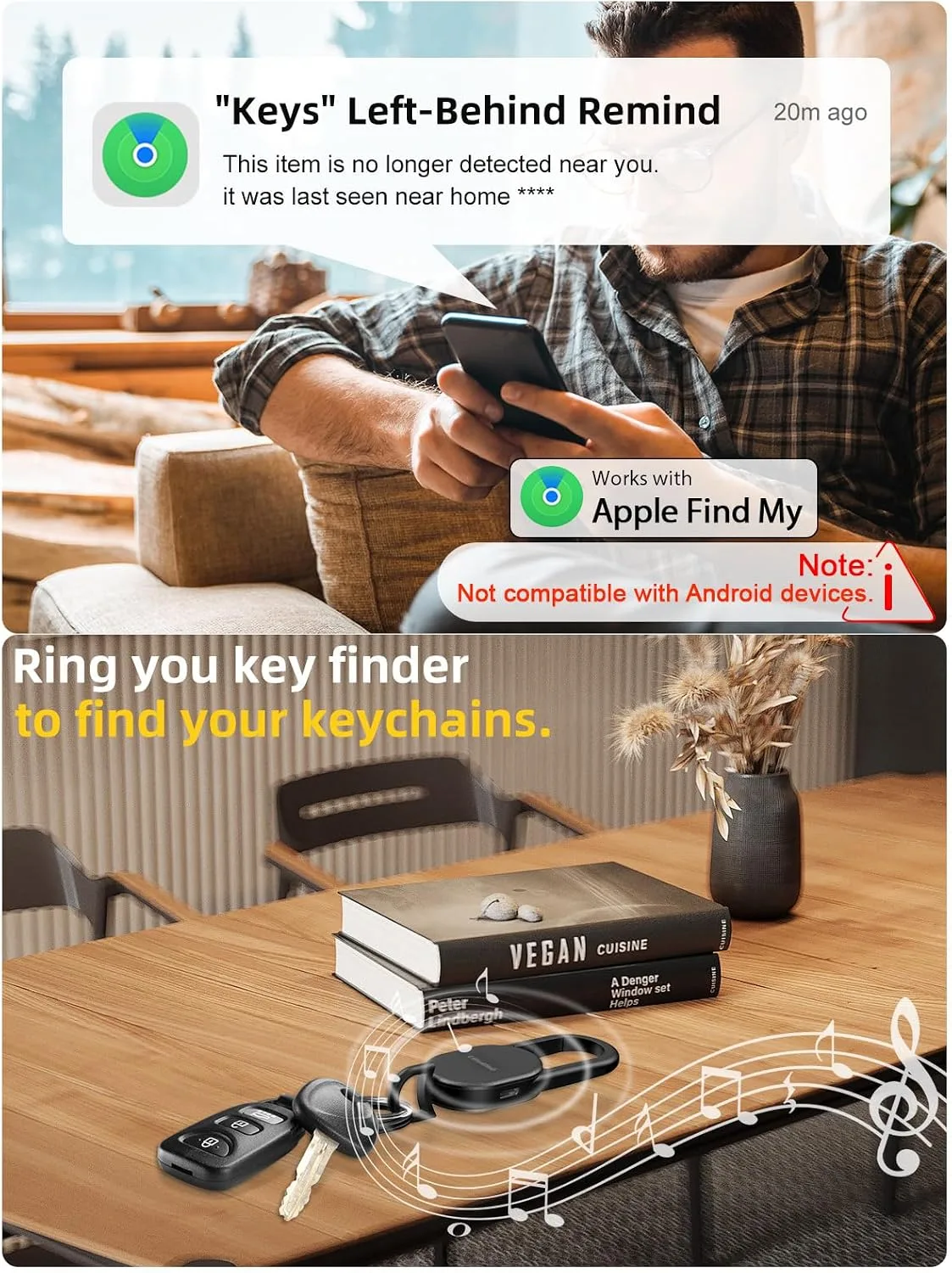 Find My Key Finder, Stainless Steel Keychain, Rechargeable Tracker