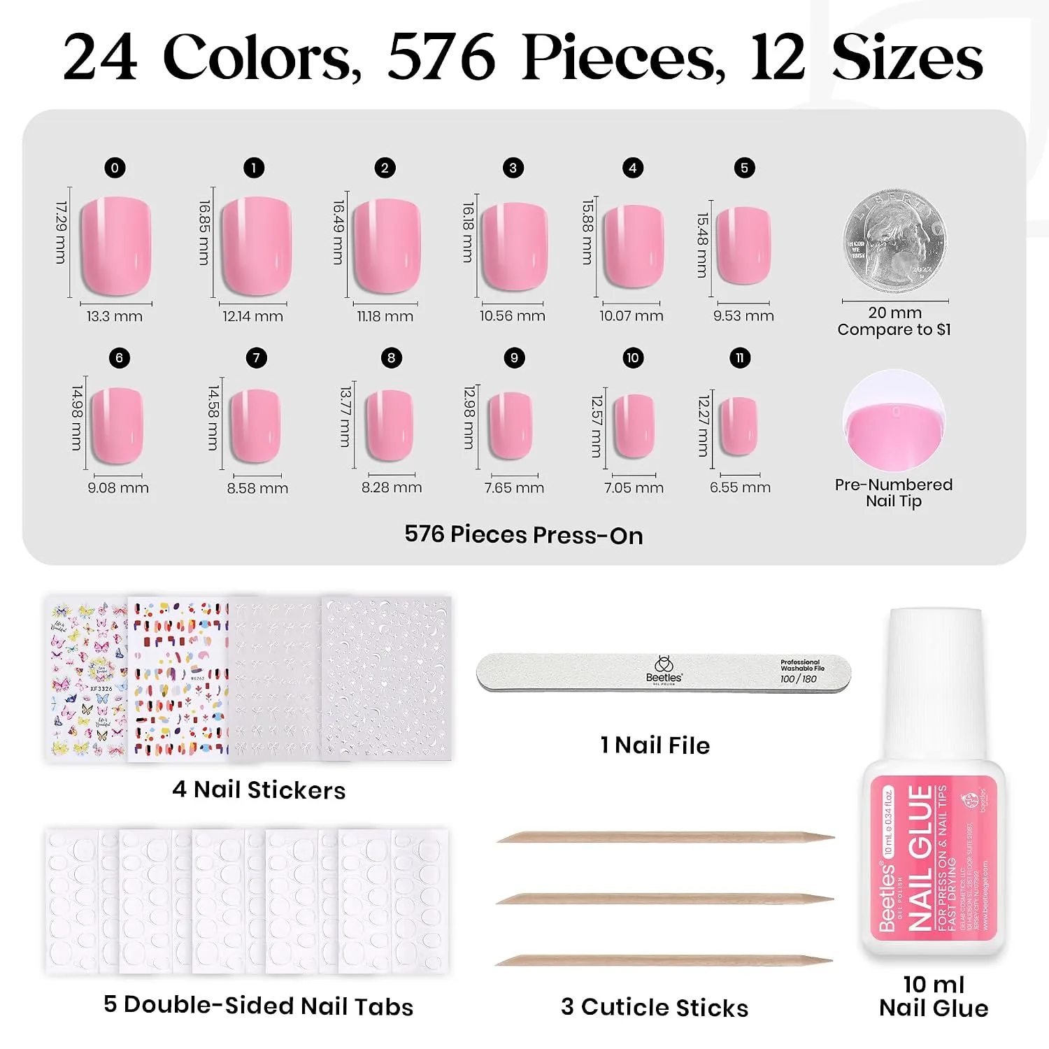 Beetles Press on Nails Kit - 576Pcs 24 Colors Short Square